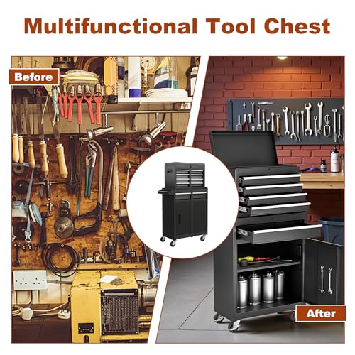 Black Steel 5 Drawer Rolling Tool Chest with Detachable Top O622499