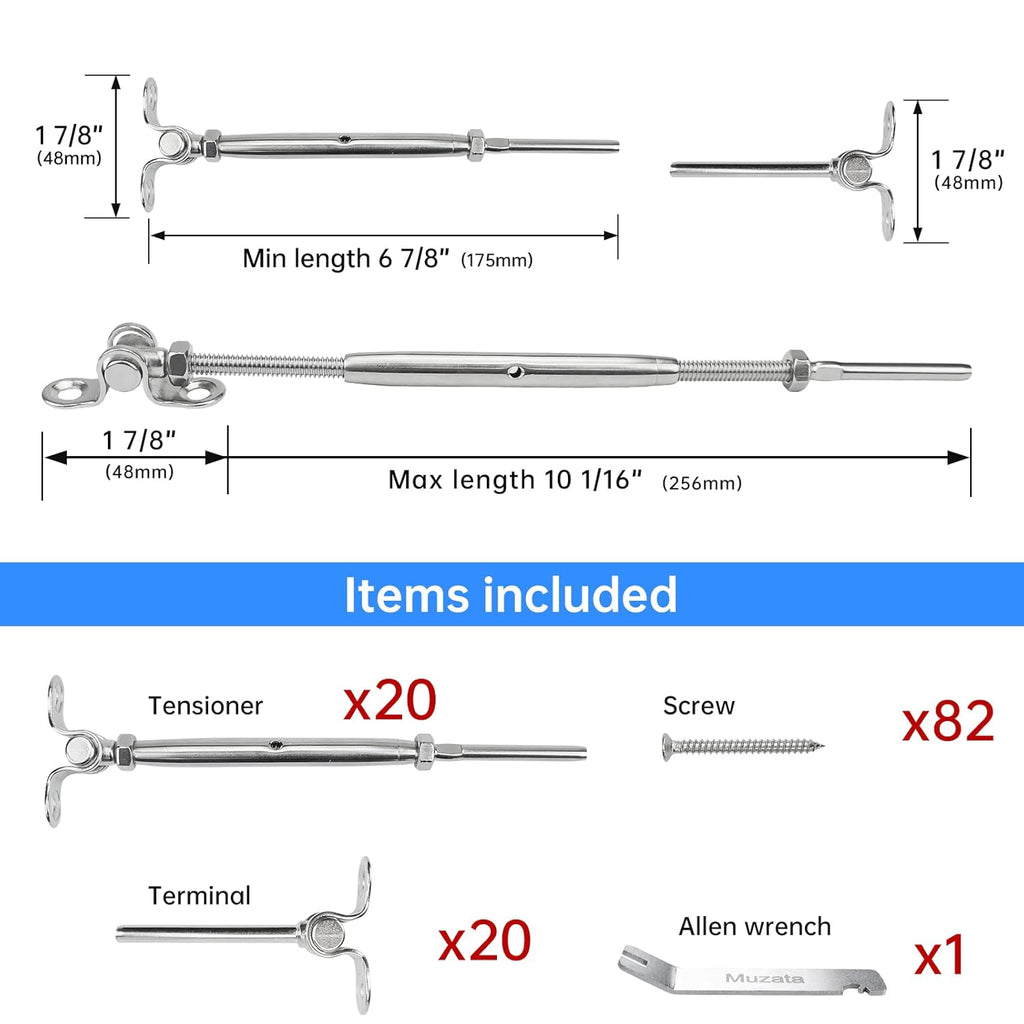 20 Set Cable Railing Kit 1/8 Swage Toggle Turnbuckle Hardware T316 Stainless Steel Angle 180° Adjustable W554392