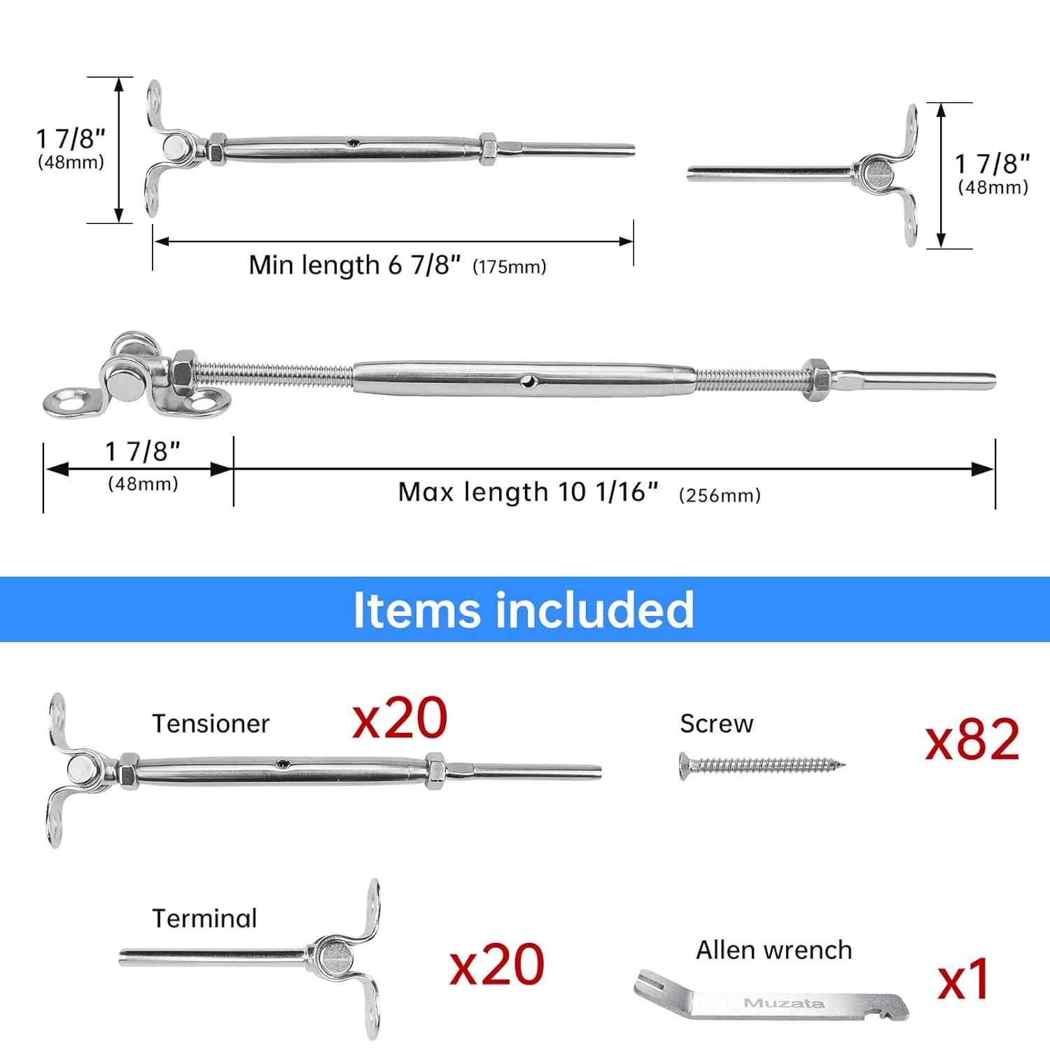 20 Set Cable Railing Kit 1/8 Swage Toggle Turnbuckle Hardware T316 Stainless Steel Angle 180° Adjustable W554392