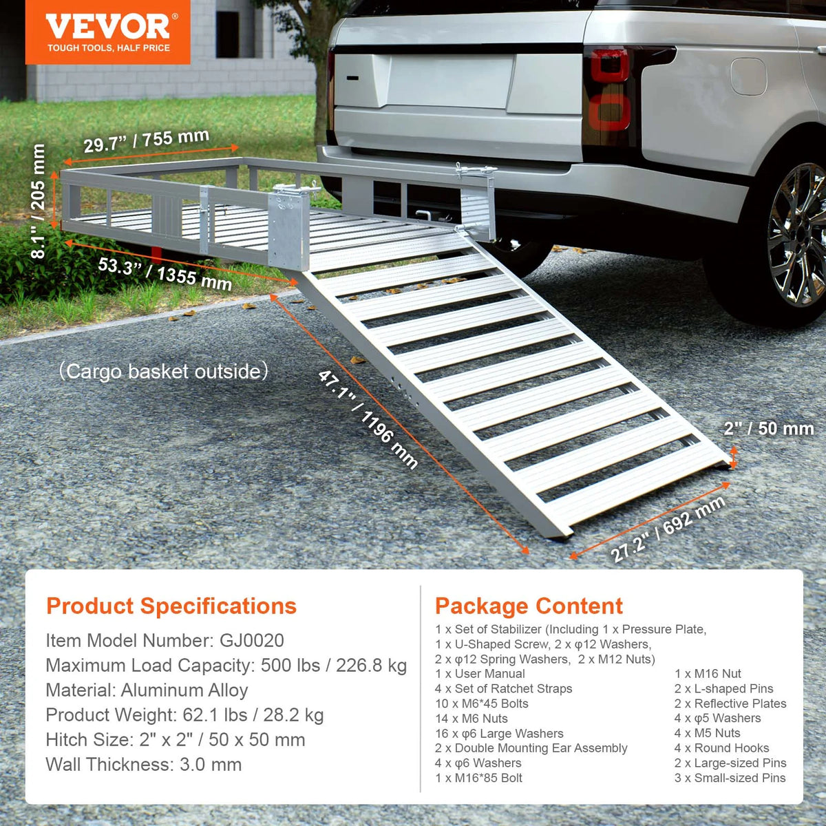 Hitch Mount Aluminum Cargo Carrier with Folding Ramp and Stabilizer L2746