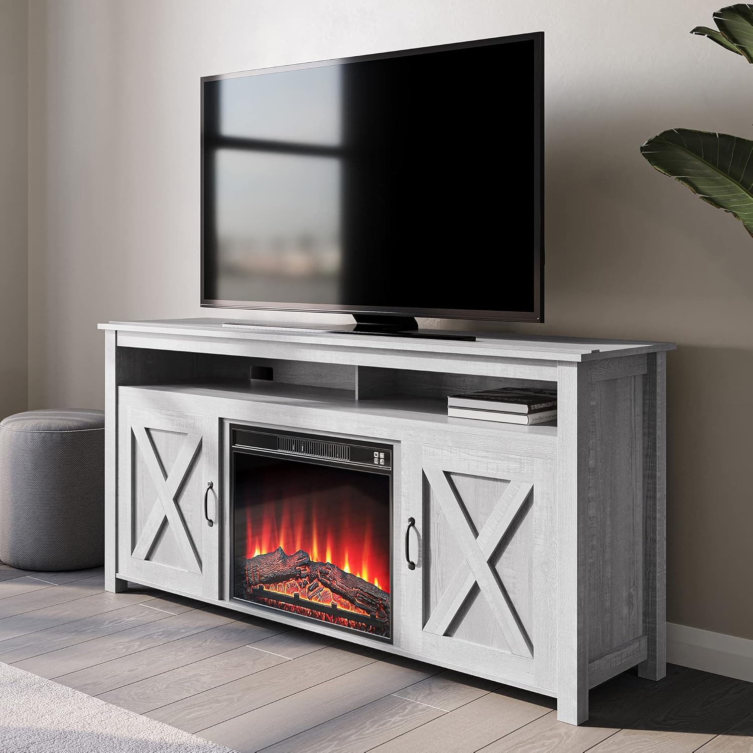 Dark Walnut Barn Door Wood Electric Fireplace TV Stand P753135