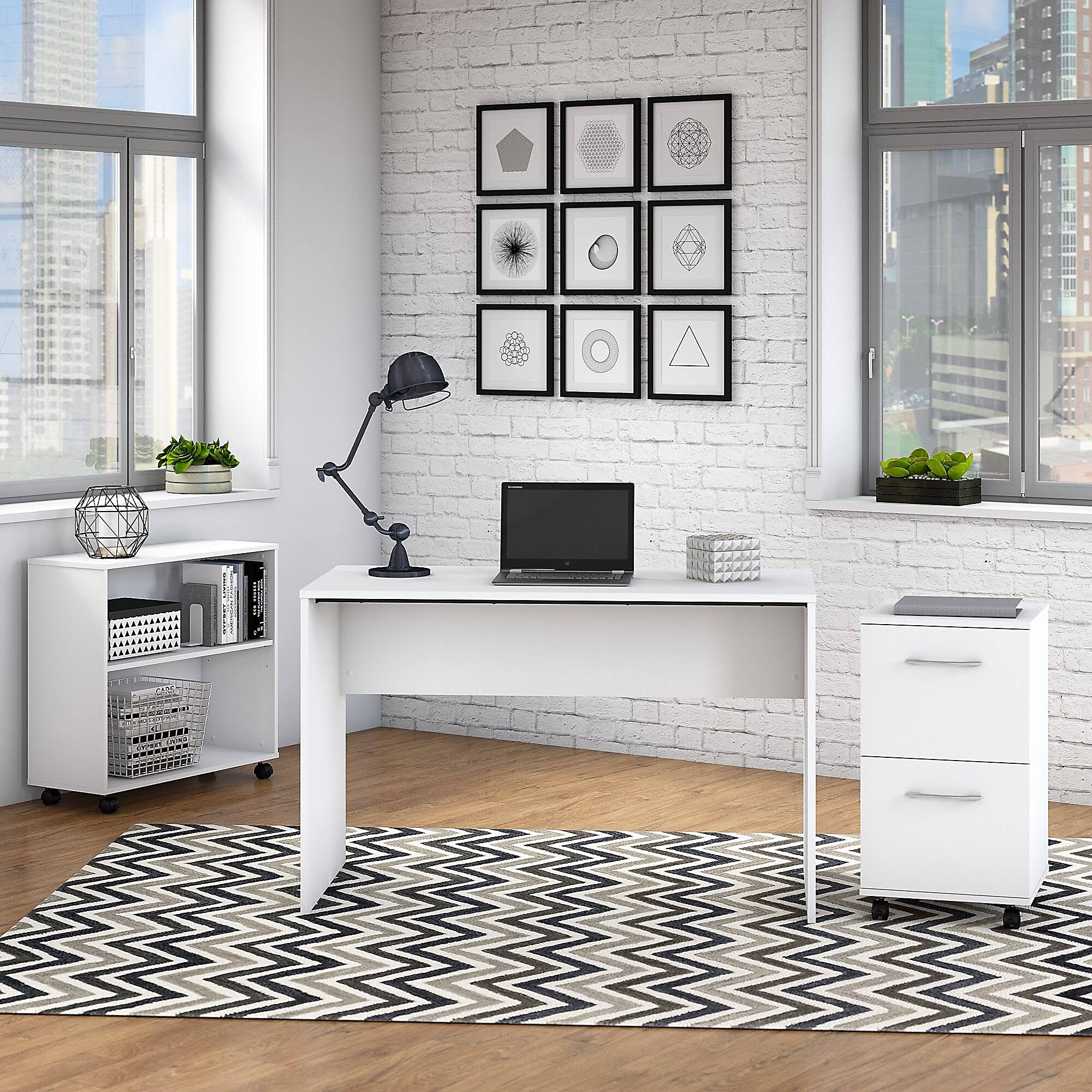 Pure White Office Desk with Mobile File Cabinet and Bookcase K321