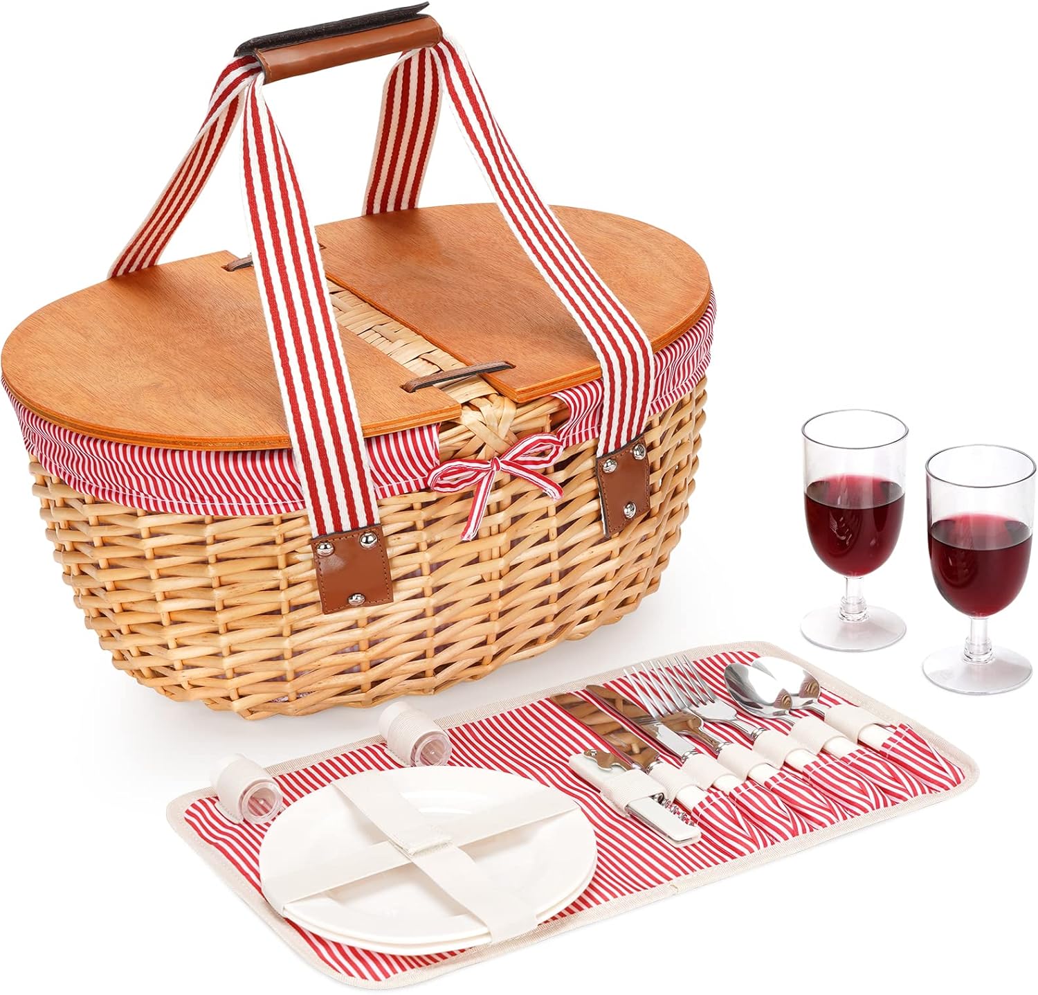 Grey Stripe Wicker Picnic Basket with Double Wooden Lids & Folding Handles U5749