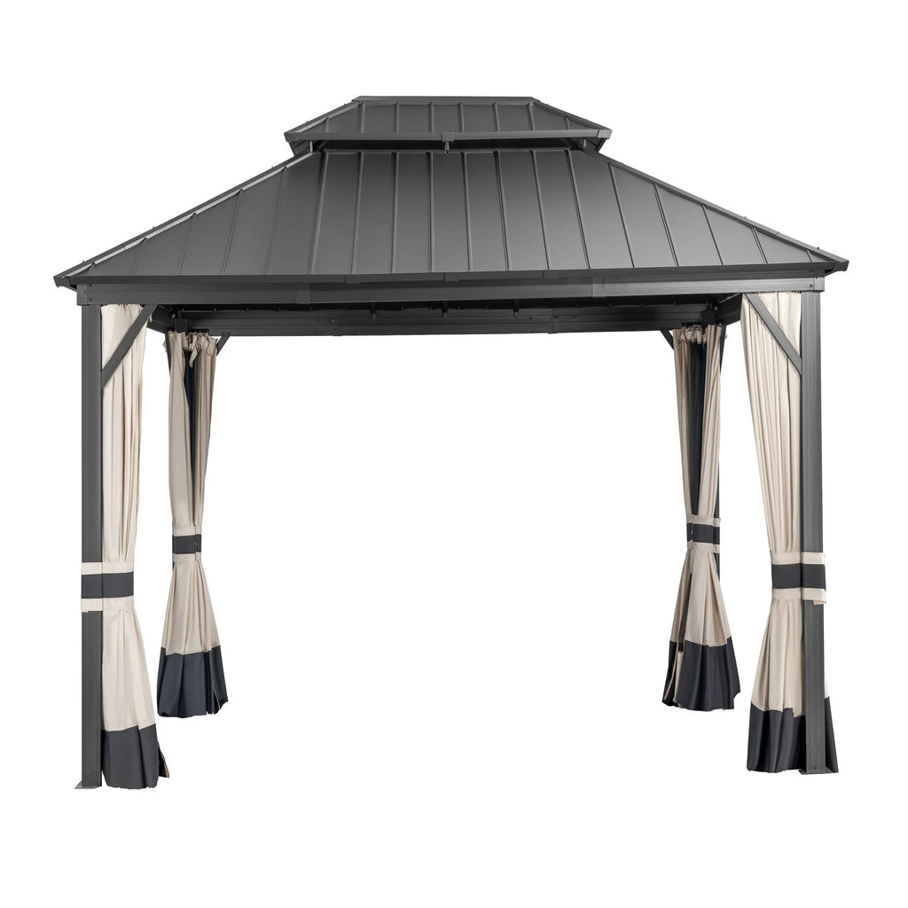 14x12ft Double Galvanized Steel Hard Top Outdoor Gazebo with Netting and Curtains P4646
