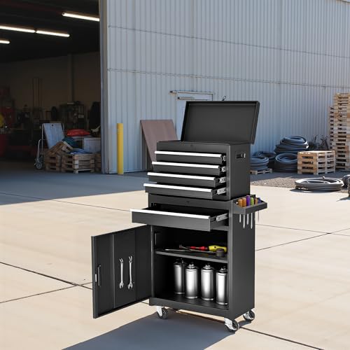 Black Steel 5 Drawer Rolling Tool Chest with Detachable Top O622499