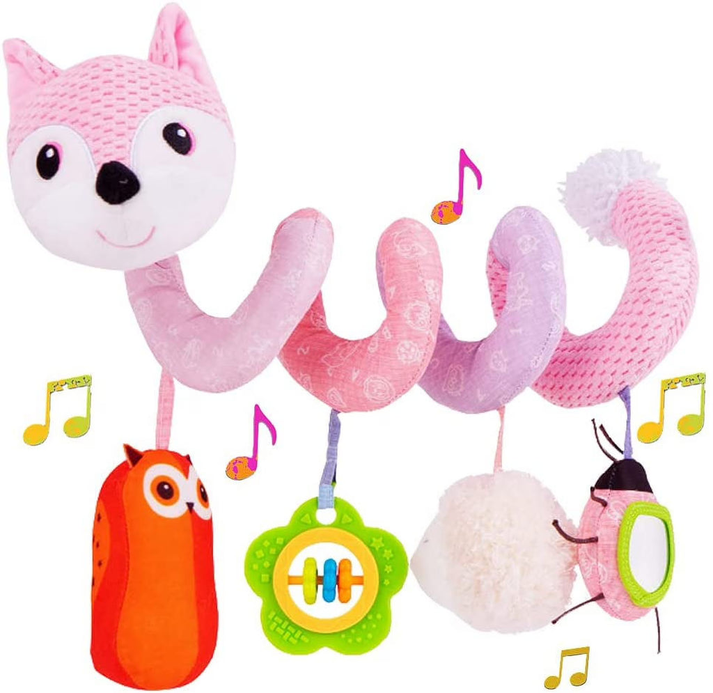 Pink Fox Baby Car Seat Toys with Musical Sheep Rattles Owl Ladybird Distorting Mirror O9820
