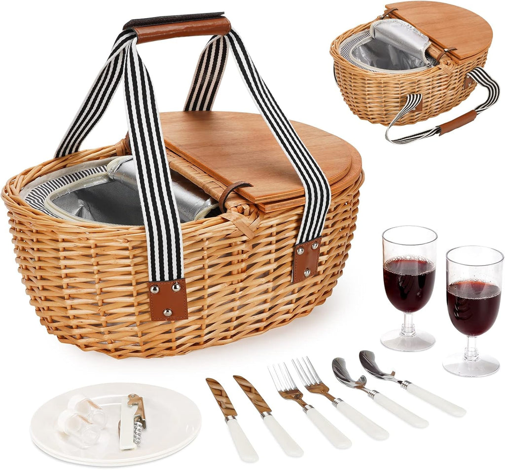 Grey Stripe Wicker Picnic Basket with Double Wooden Lids & Folding Handles U5749
