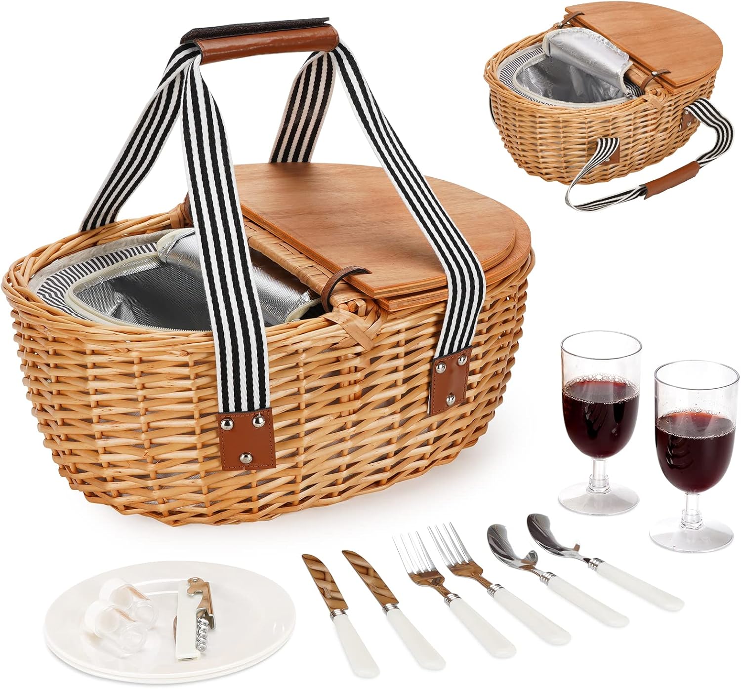 Grey Stripe Wicker Picnic Basket with Double Wooden Lids & Folding Handles U5749