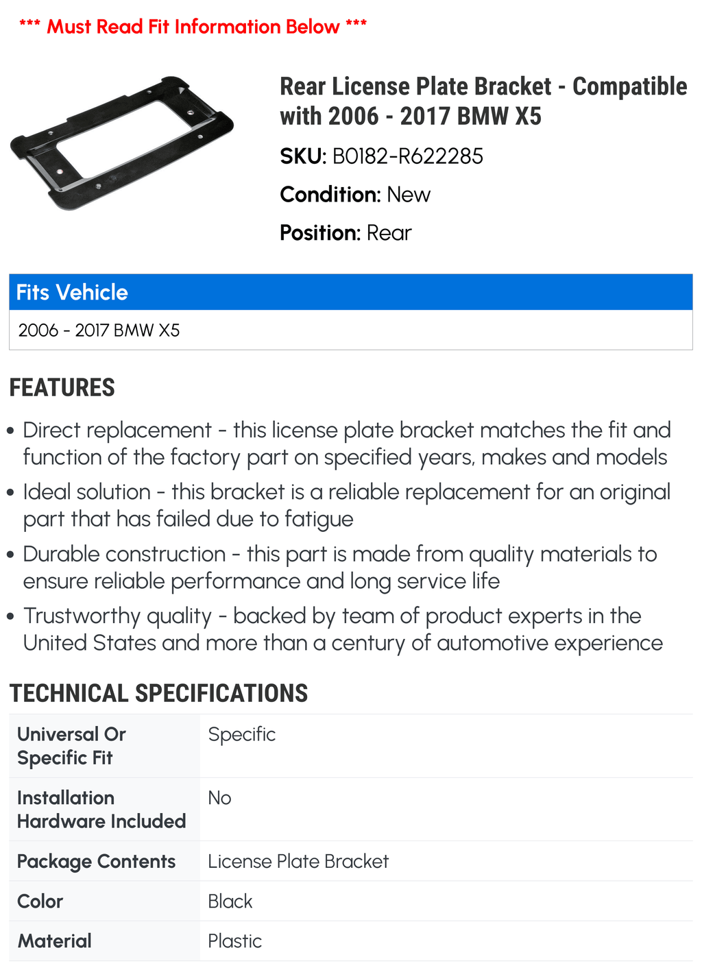 Rear License Plate Bracket for BMW X5 C92355
