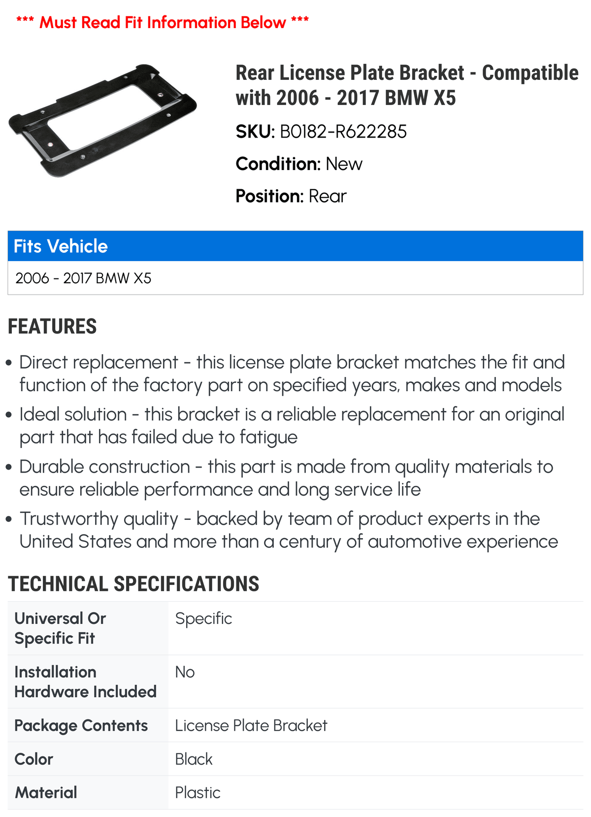 Rear License Plate Bracket for BMW X5 C92355