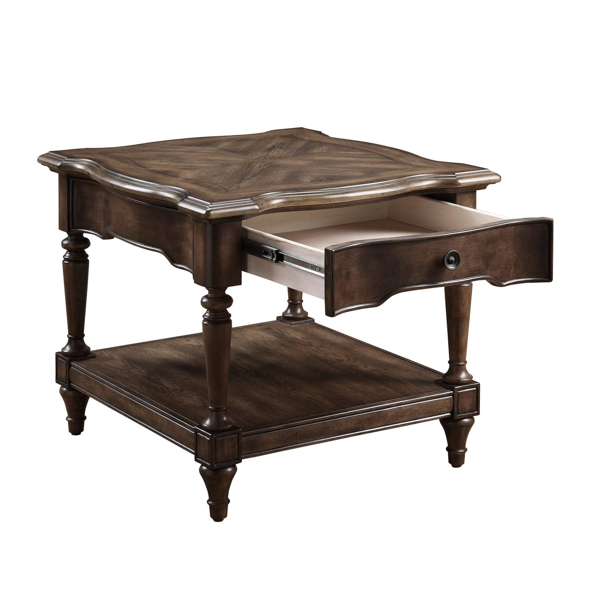 Brown 1 Drawer End Table with Open Bottom Shelf and Turned Feet I4932