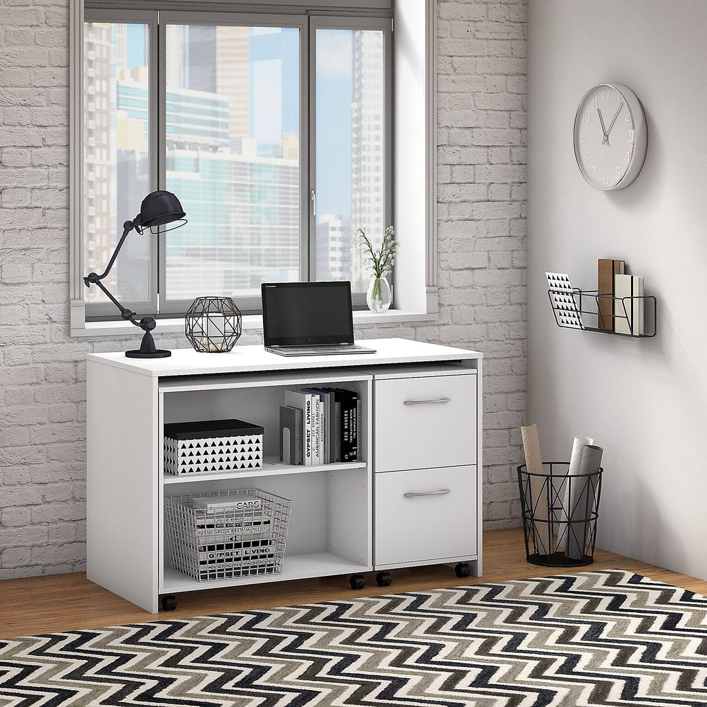Pure White Office Desk with Mobile File Cabinet and Bookcase K321