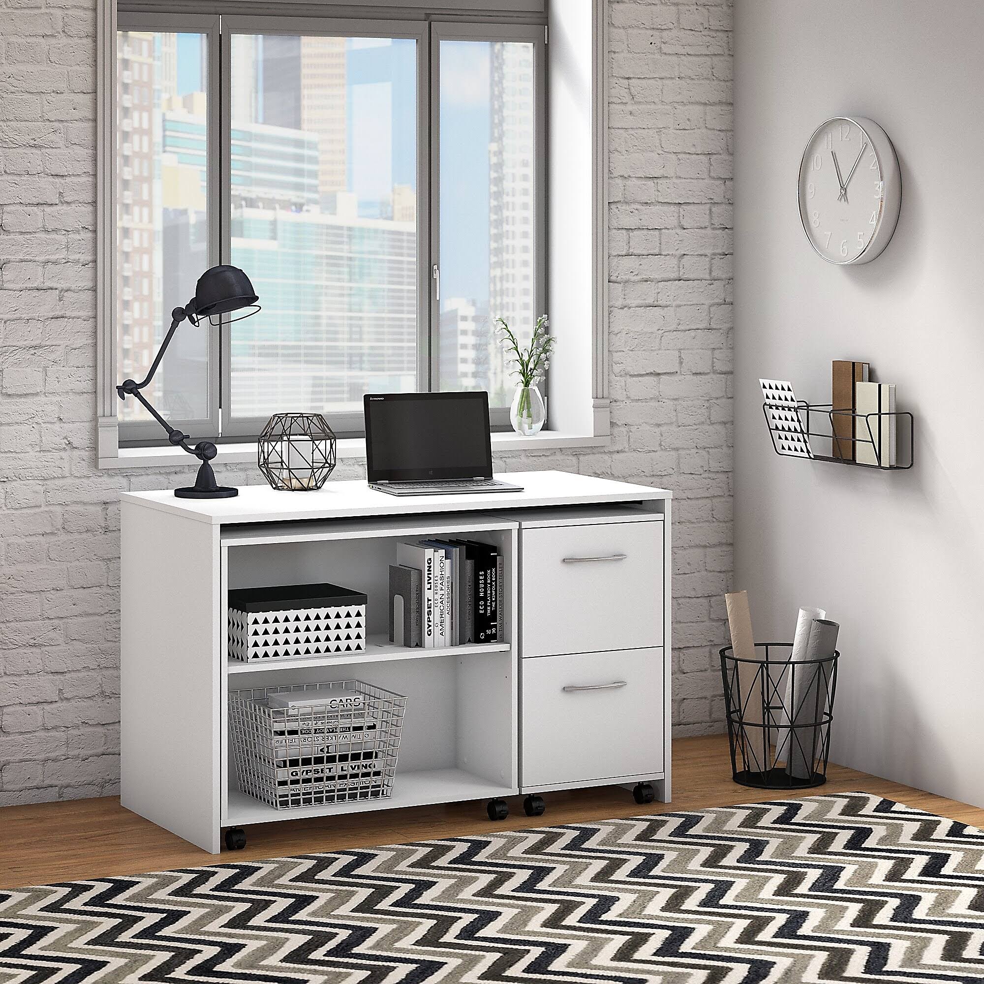 Pure White Office Desk with Mobile File Cabinet and Bookcase K321