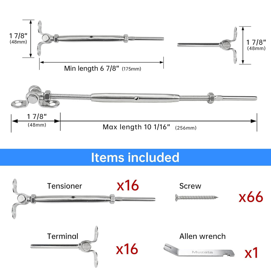 20 Set Cable Railing Kit 1/8 Swage Toggle Turnbuckle Hardware T316 Stainless Steel Angle 180° Adjustable W554392