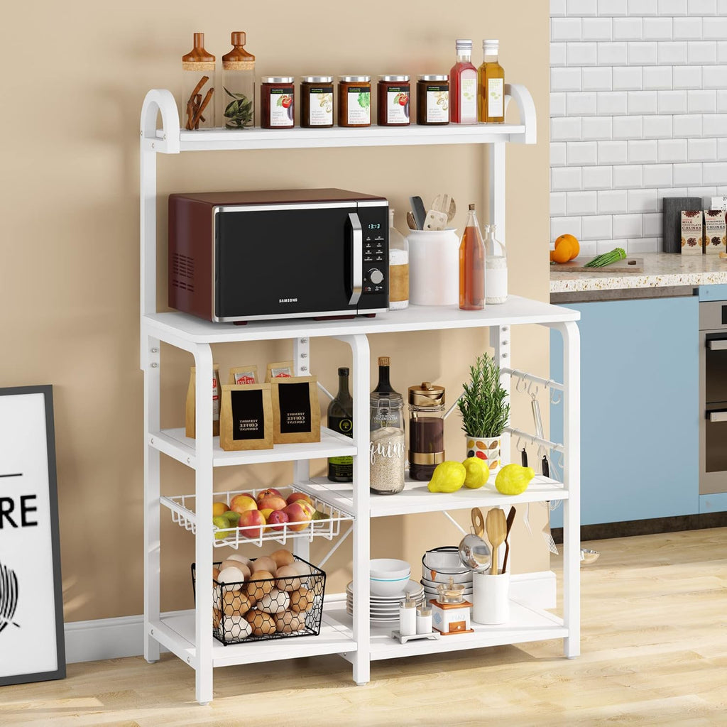 35.5 inches Industrial Kitchen Cart Utility Storage Shelf Coffee Bar with Wire Basket and 6 Hooks E2345