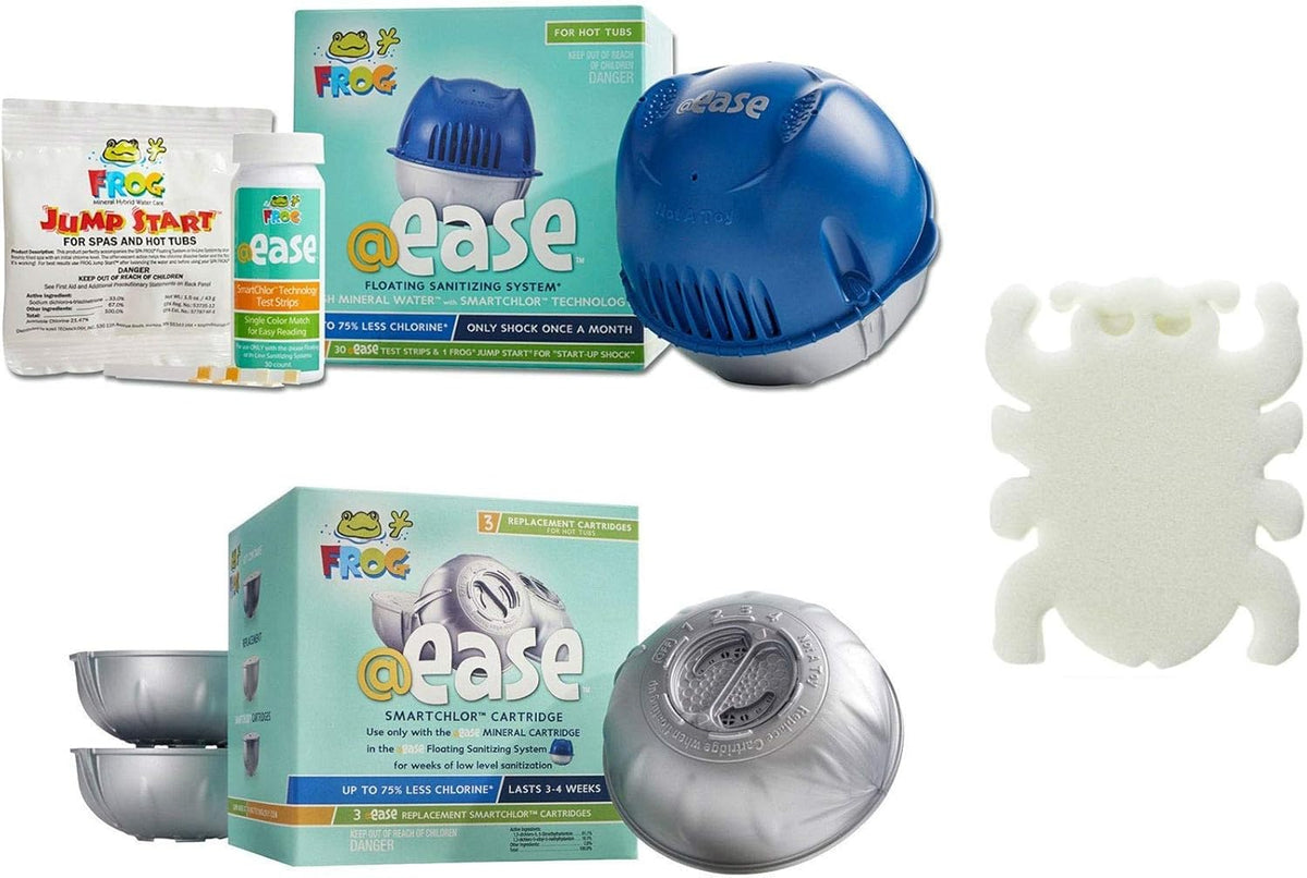 Frog @Ease Floating System with 3 Refill SmartChlor Replacement Mineral Cartridges, Jump Start Shock and 30 Test Strips with Bonus White Spa Thermometer X827536
