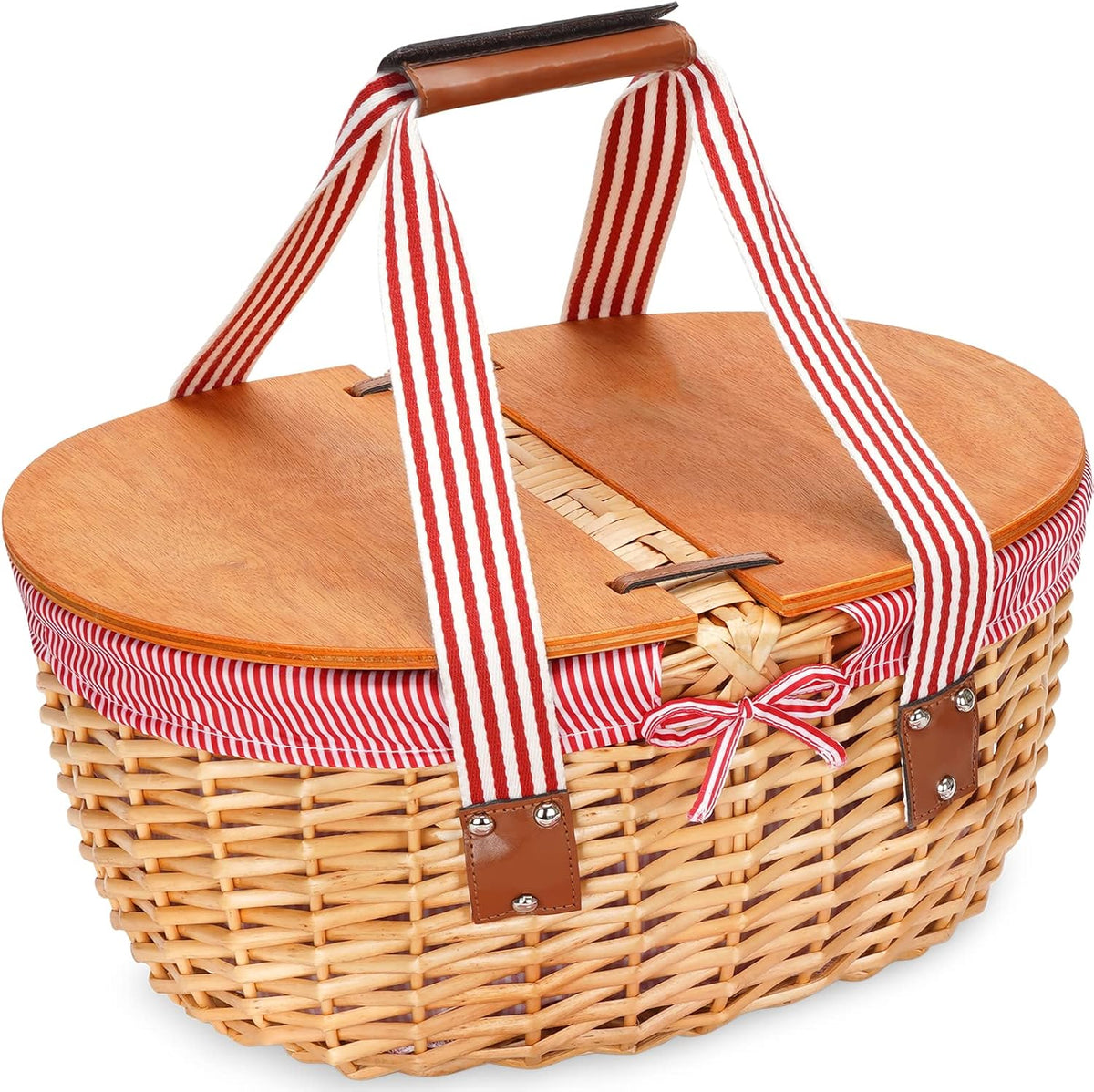 Grey Stripe Wicker Picnic Basket with Double Wooden Lids & Folding Handles U5749