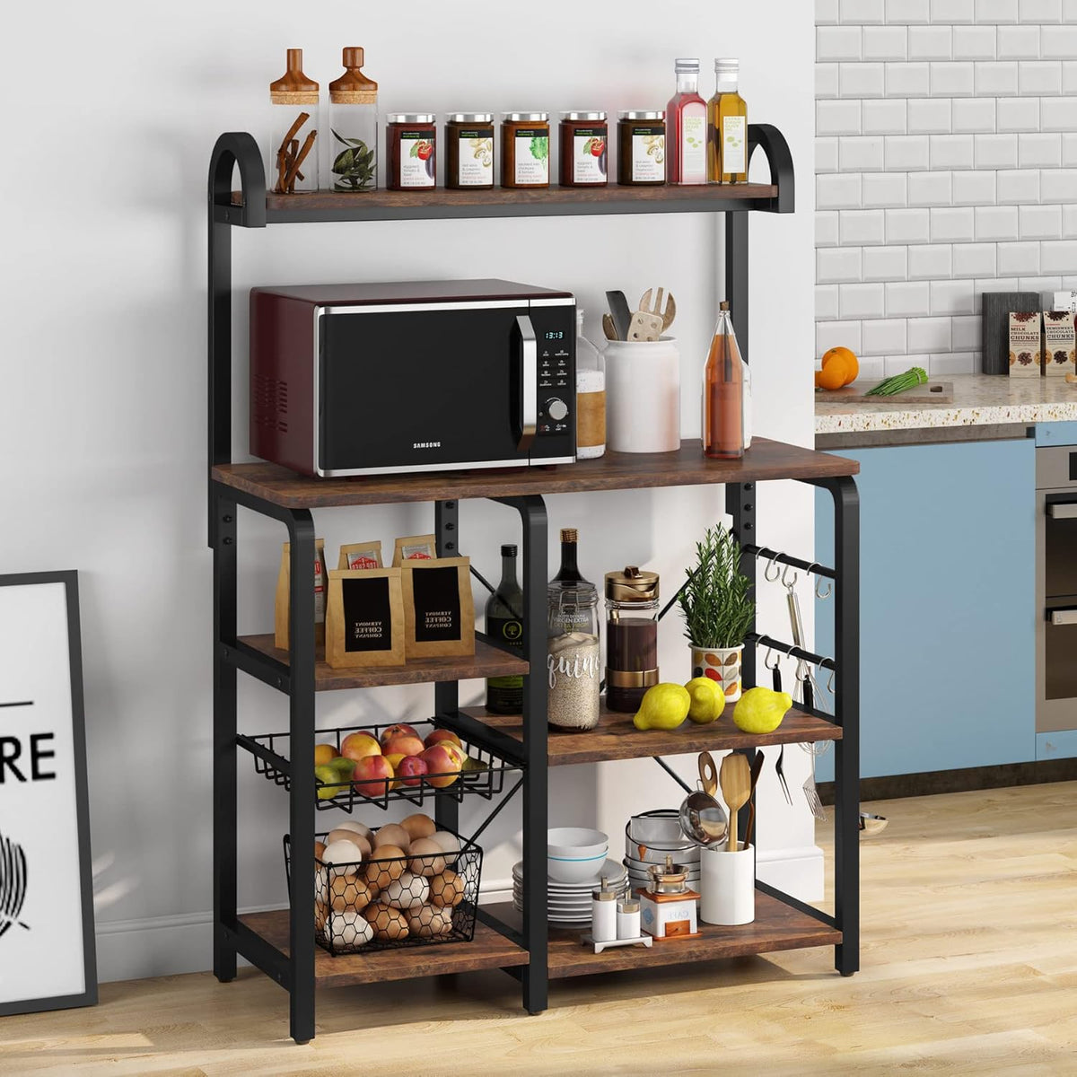 35.5 inches Industrial Kitchen Cart Utility Storage Shelf Coffee Bar with Wire Basket and 6 Hooks E2345