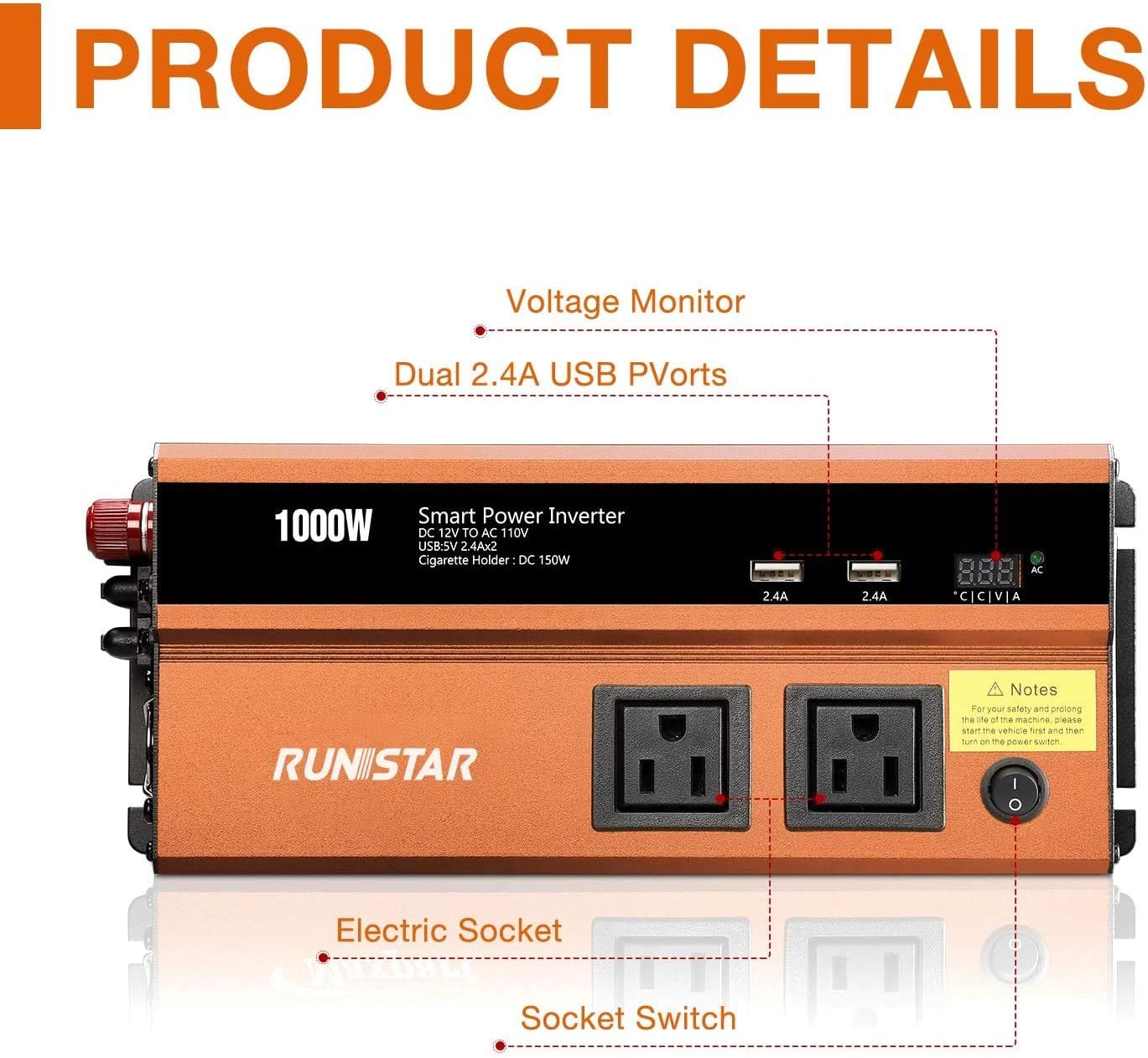 1000W Power Inverter DC 12V to 110V AC Car Inverter with Dual AC Outlets 2.4A USB and Dual 12V Car Cigarette Lighter Modified Wave Inverter Pack of 2 G140663