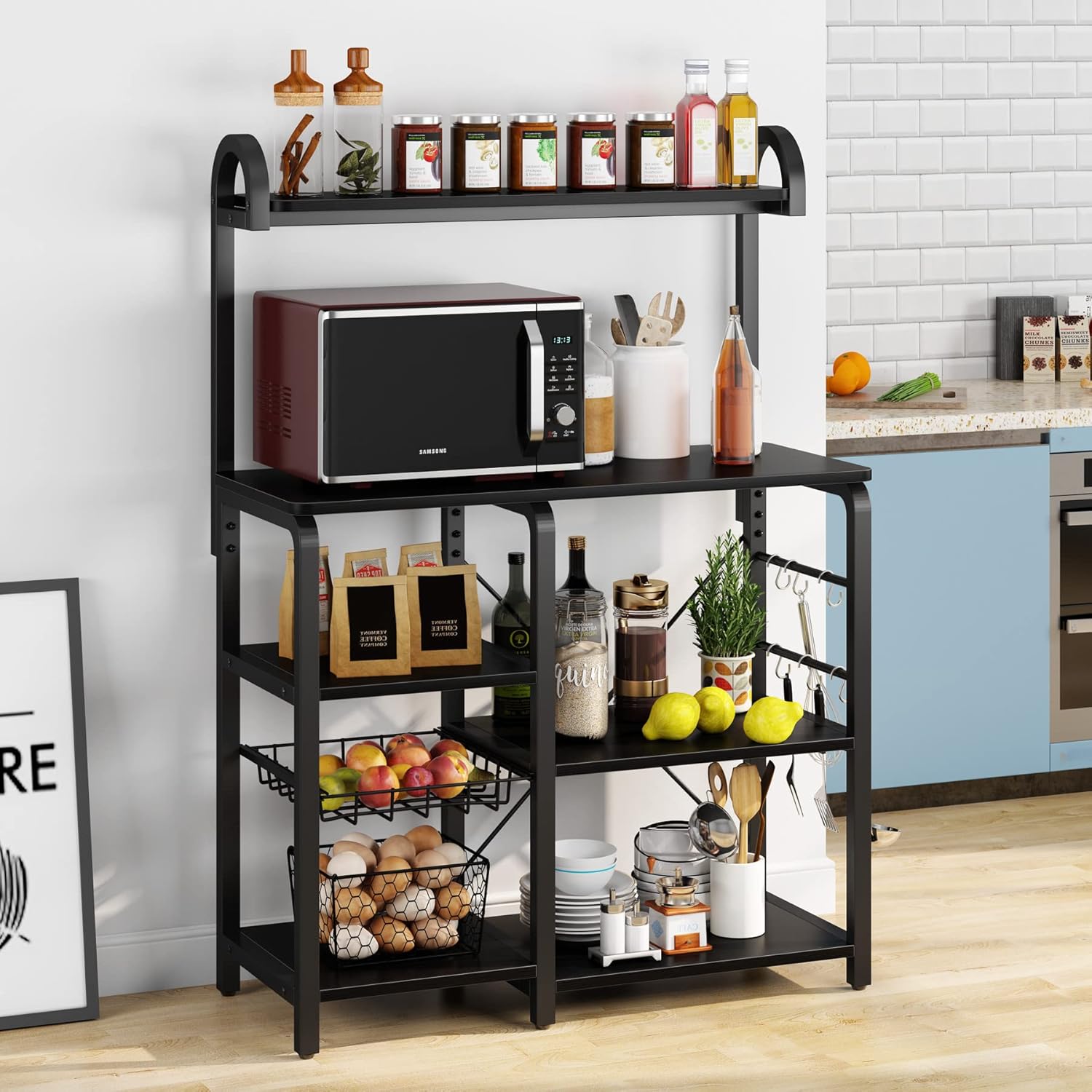 35.5 inches Industrial Kitchen Cart Utility Storage Shelf Coffee Bar with Wire Basket and 6 Hooks E2345