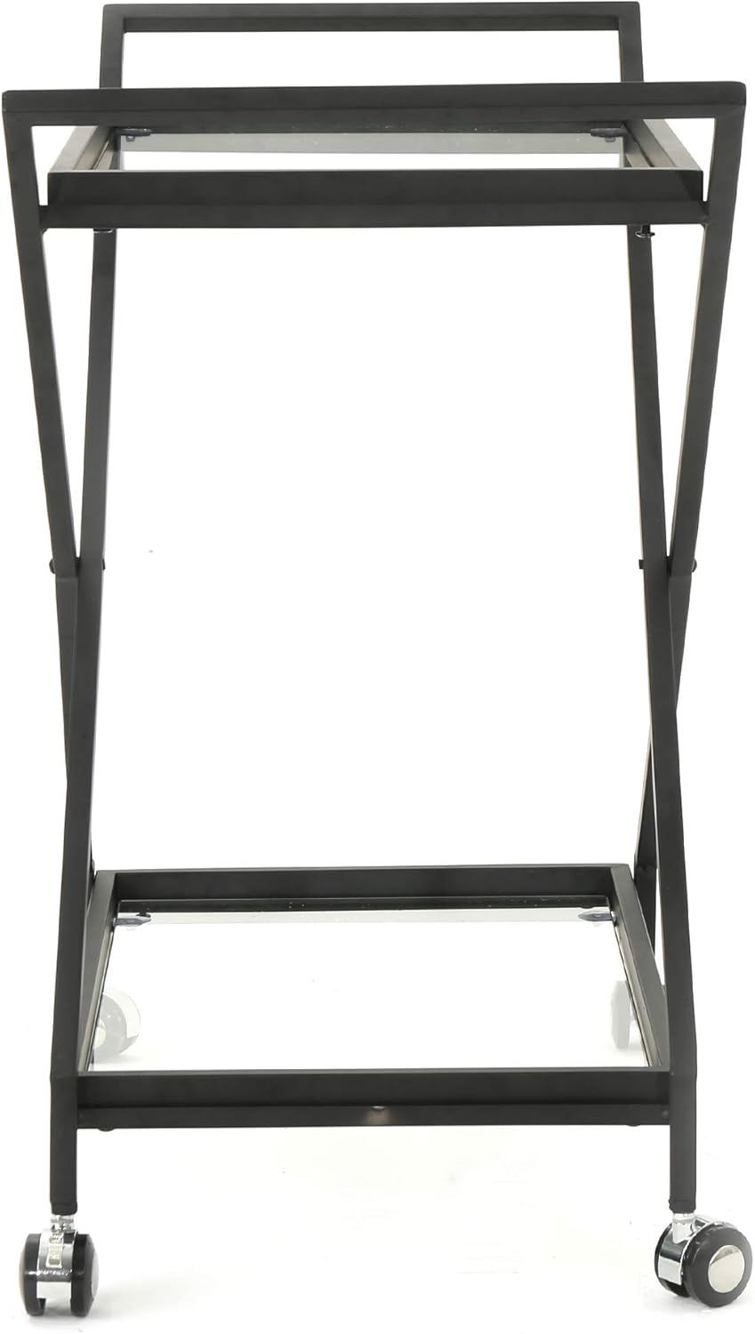 Black Industrial Iron Bar Cart with Tempered Glass Shelves R741