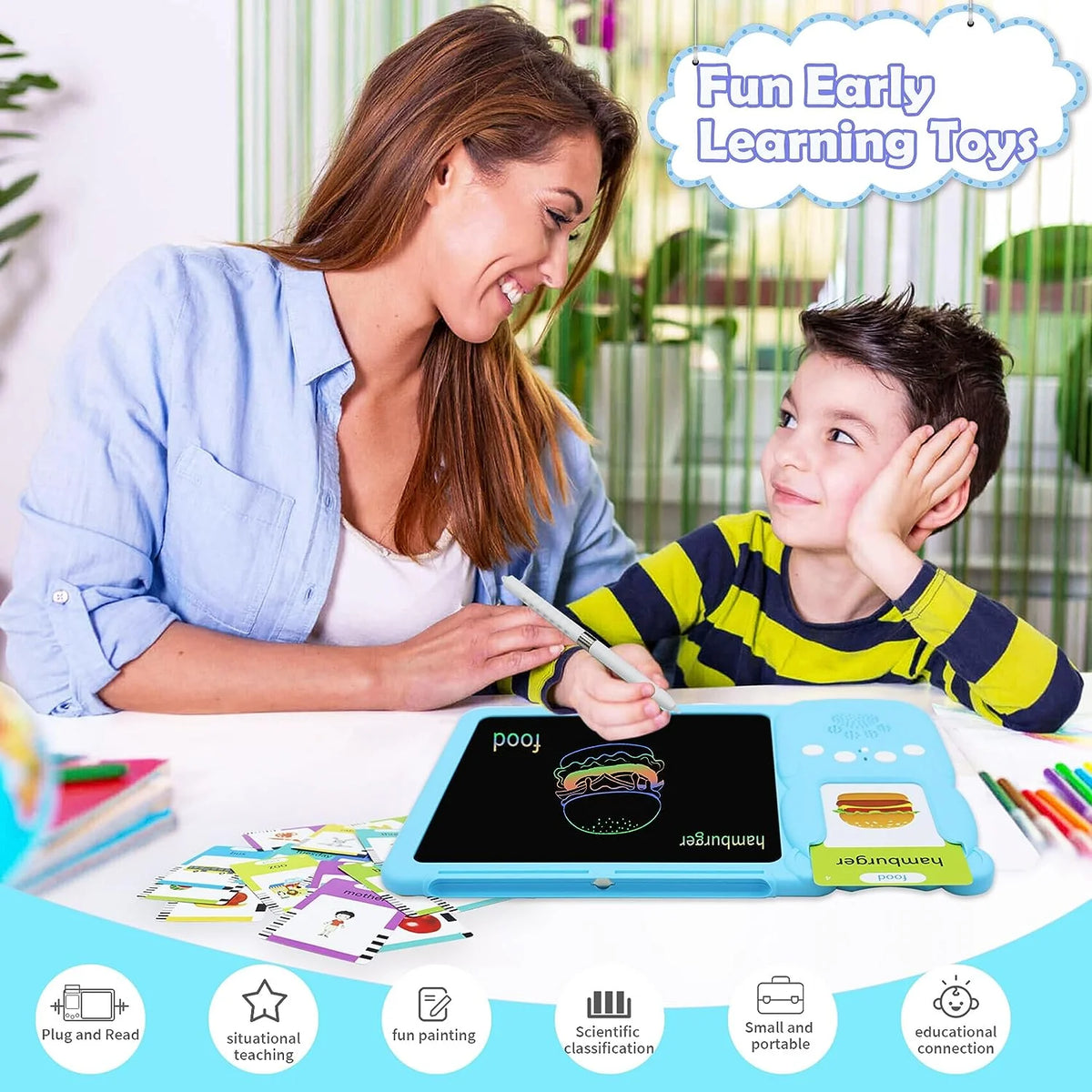 Talking Flash Cards with LCD Writing Drawing Tablet Toddler Toys 224 Words Blue B4068