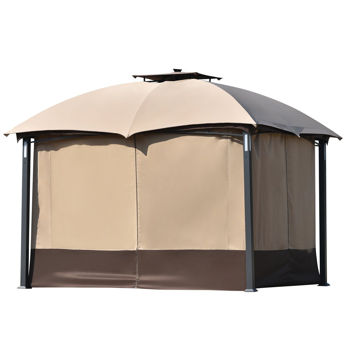 10ft W*12ft L Outdoor Double Vents Gazebo Patio Metal Canopy with Screen and LED Lights, Brown C45556