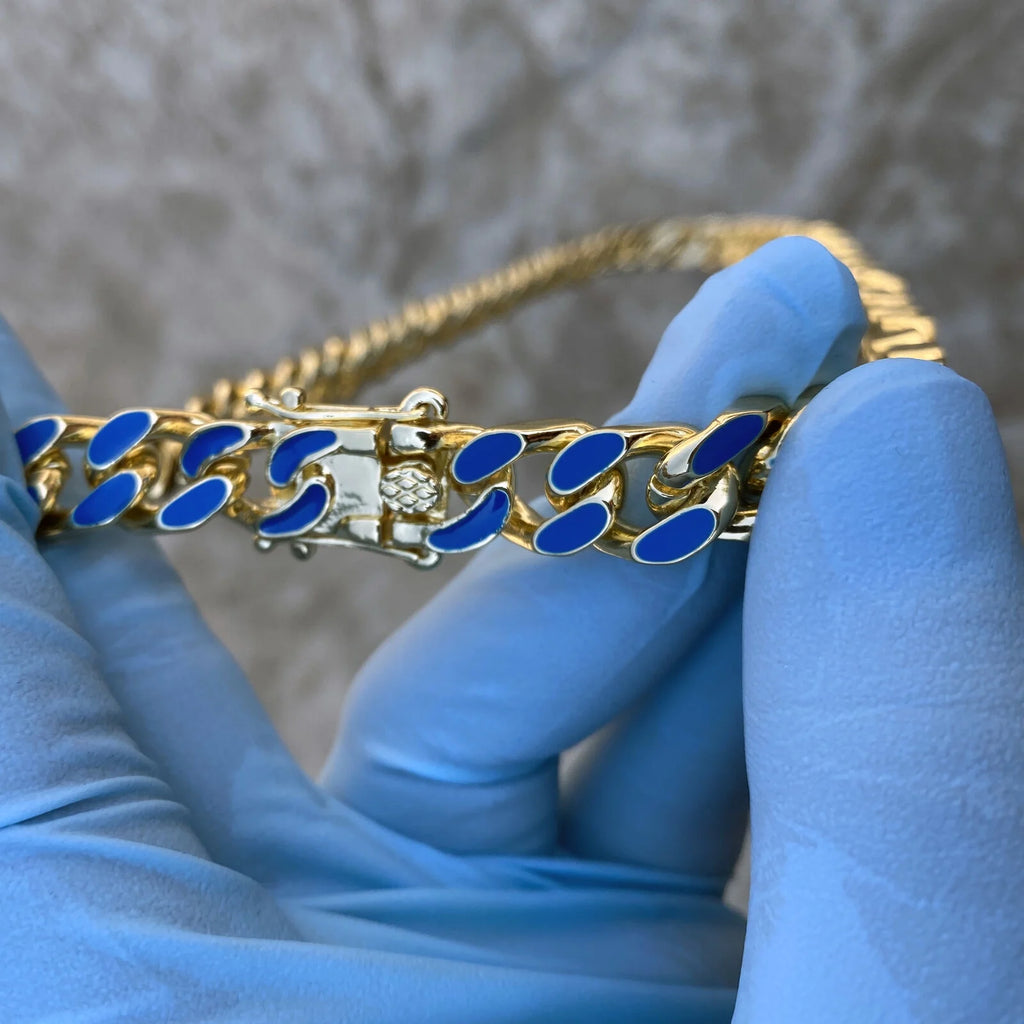 14K Gold Plated Miami Cuban Necklace Blue Enamel Chain 20" x 10.5 MM T1966