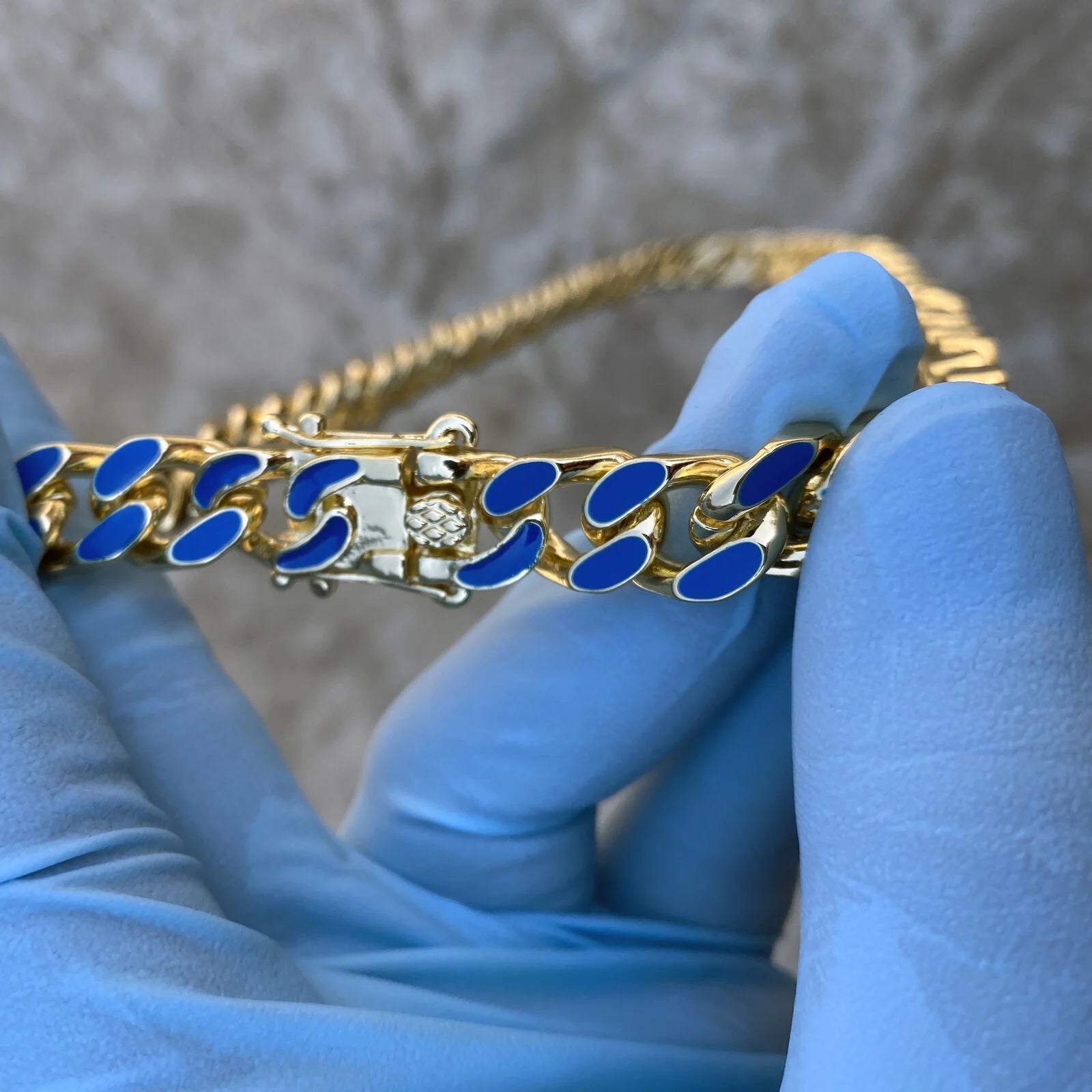 14K Gold Plated Miami Cuban Necklace Blue Enamel Chain 20" x 10.5 MM T1966