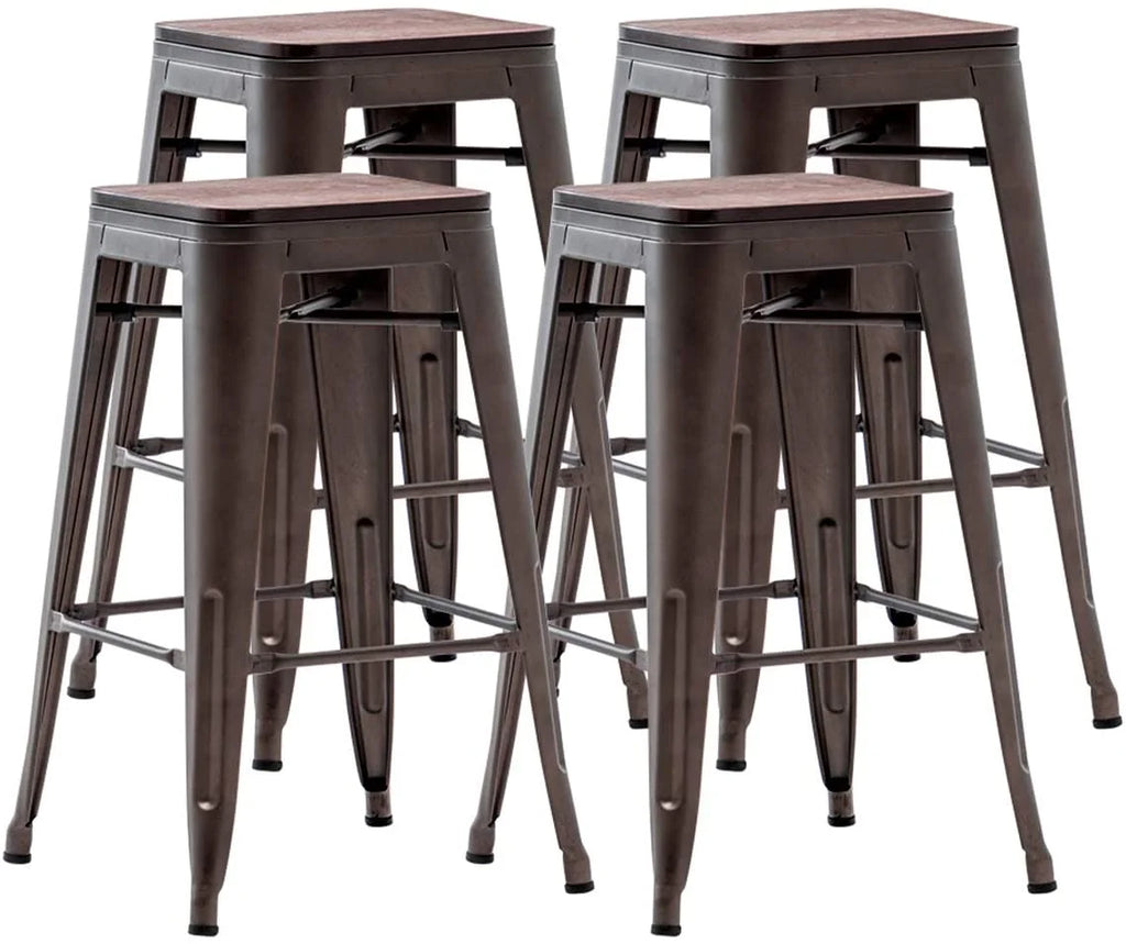 26" Metal Bar Stools Set of 4 Backless Stackable with Wooden Seat T34519
