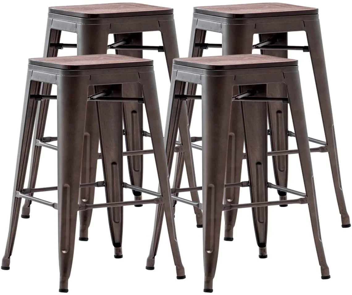 26" Metal Bar Stools Set of 4 Backless Stackable with Wooden Seat T34519