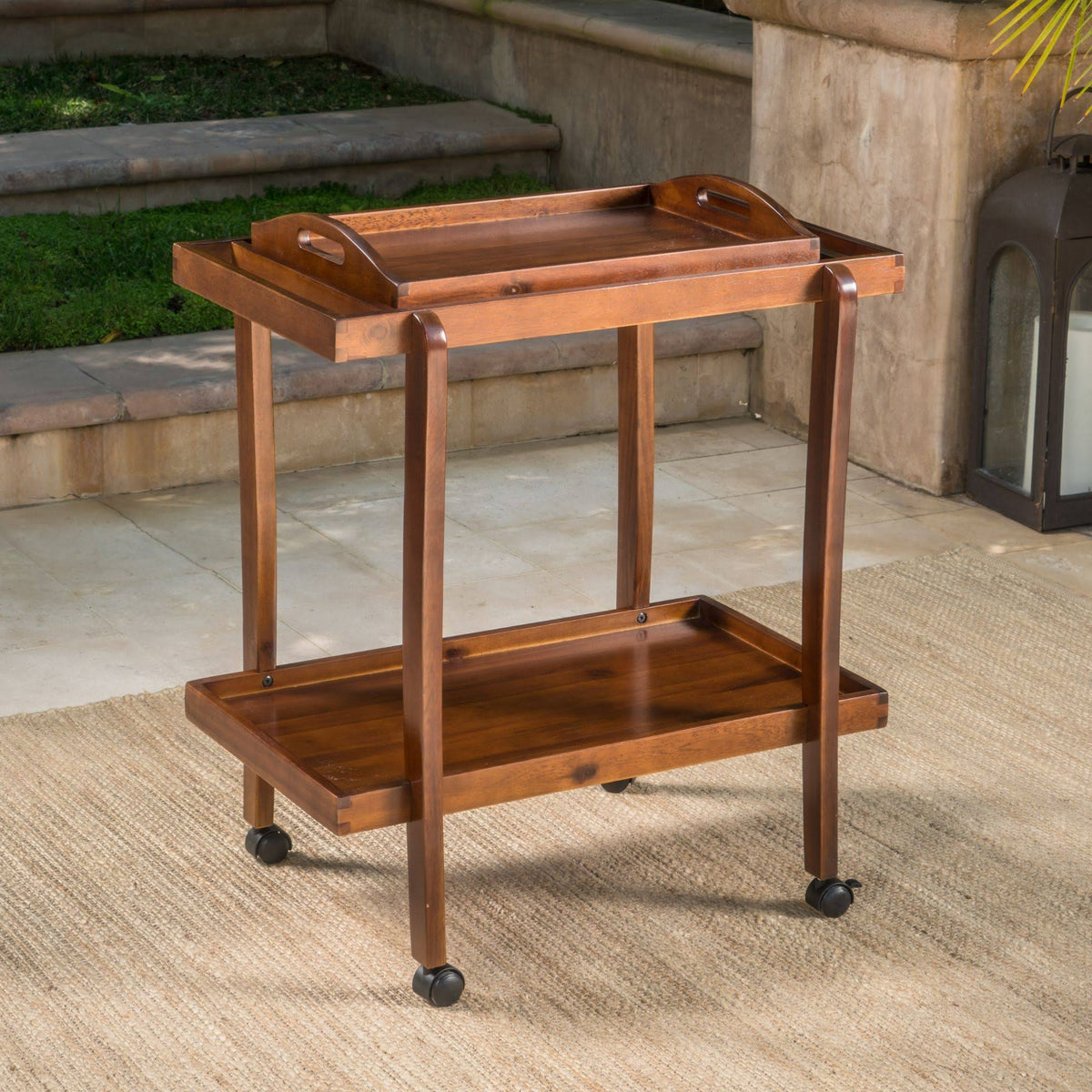 Oak Brown Outdoor Patio Bar Cart with Wheels W605011