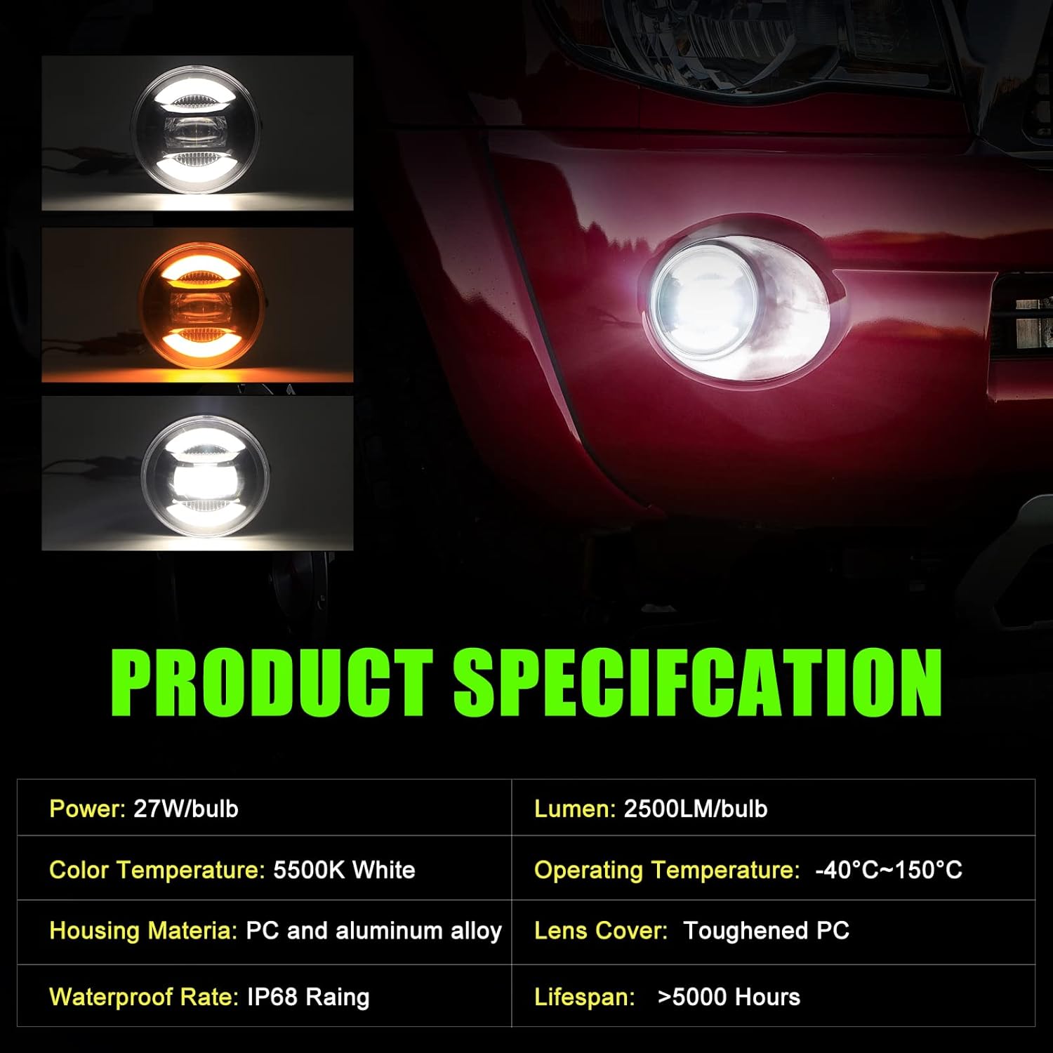 LED Fog Light Assembly with White DRL/Amber Turn Signal, Black, Pack of 2 U7768