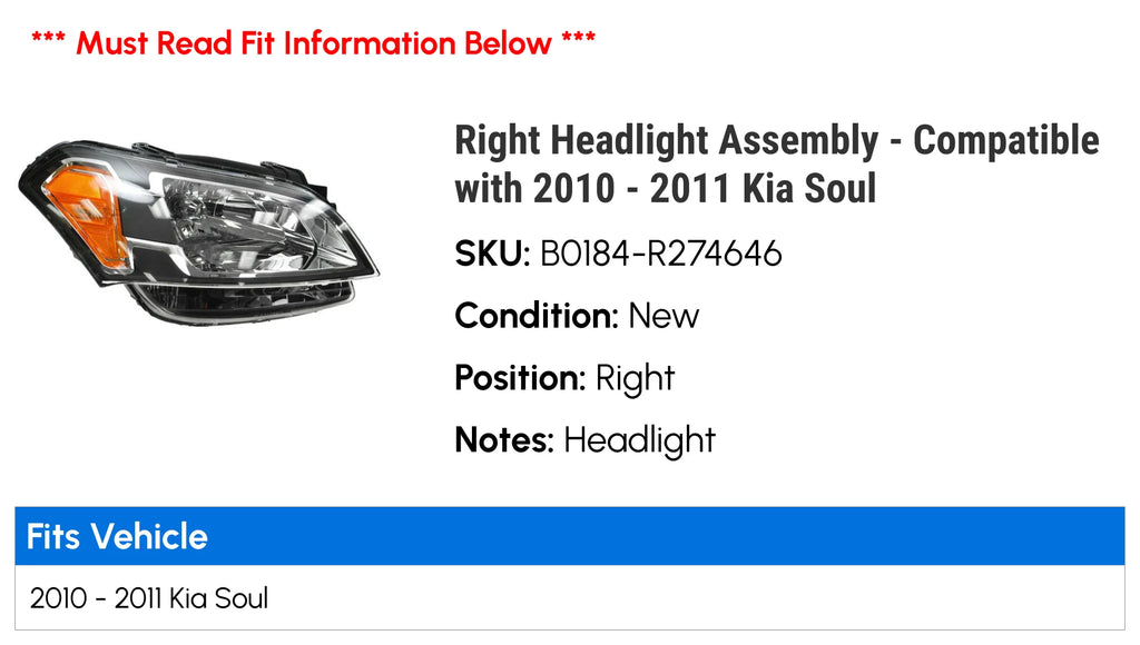 Right Headlight Assembly for 2010-2011 Kia Soul P891366