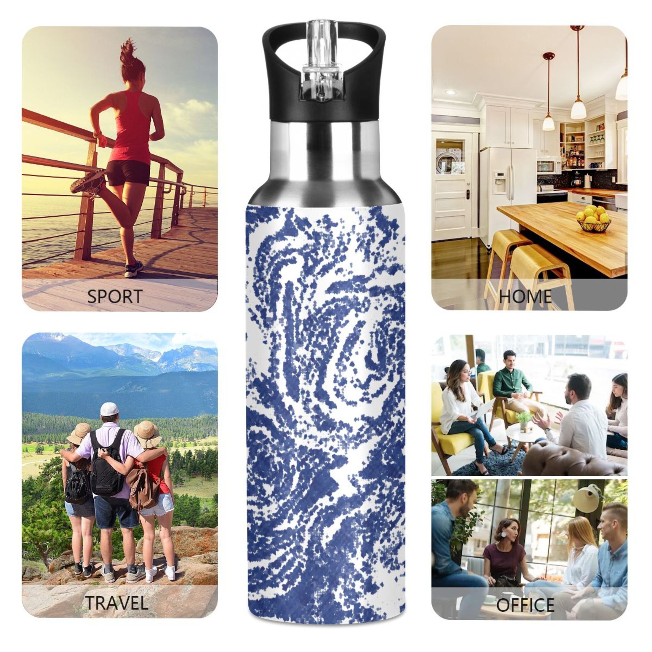Geometric Tie Dye Blue 20 OZ Vacuum Insulated Stainless Steel Water Bottle with Straw Lid O948314