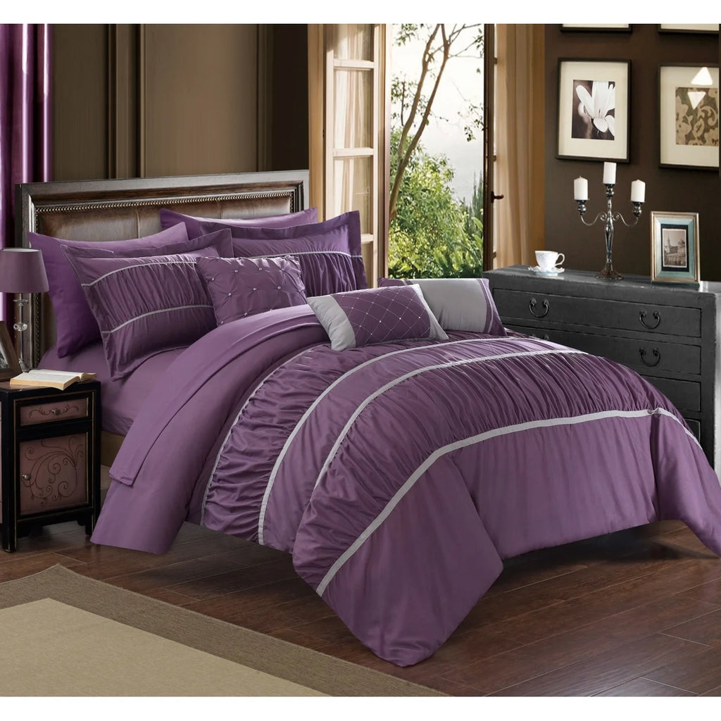 10 Piece Pleated and Ruffled Comforter and Sheet Set L19437