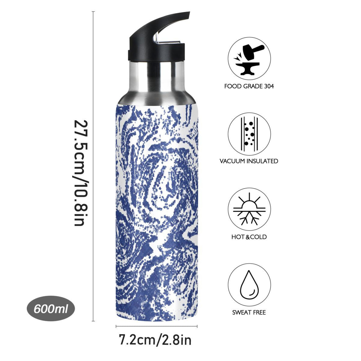 Geometric Tie Dye Blue 20 OZ Vacuum Insulated Stainless Steel Water Bottle with Straw Lid O948314
