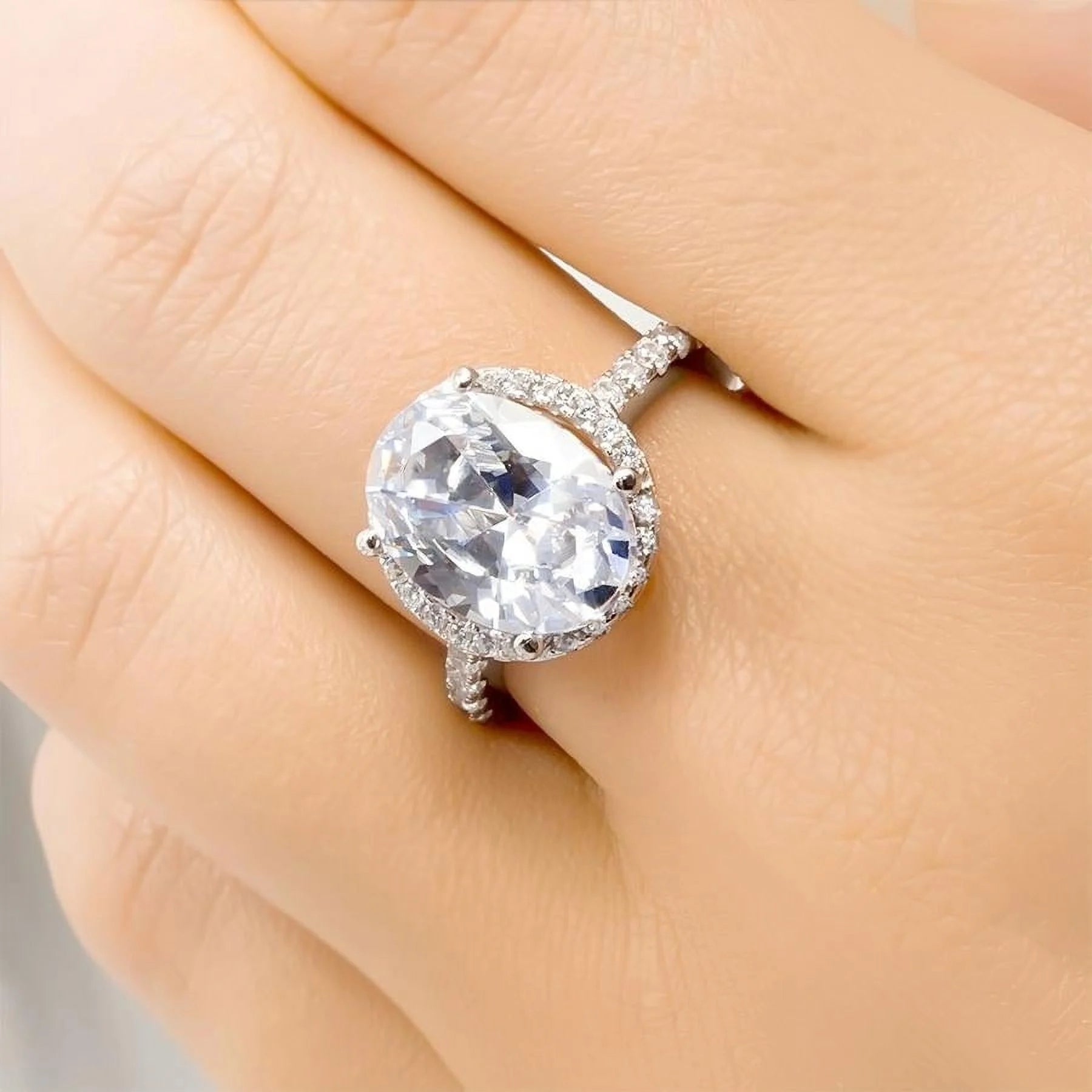 Oval Cut Halo Promise Engagement Ring Sterling Silver S9732