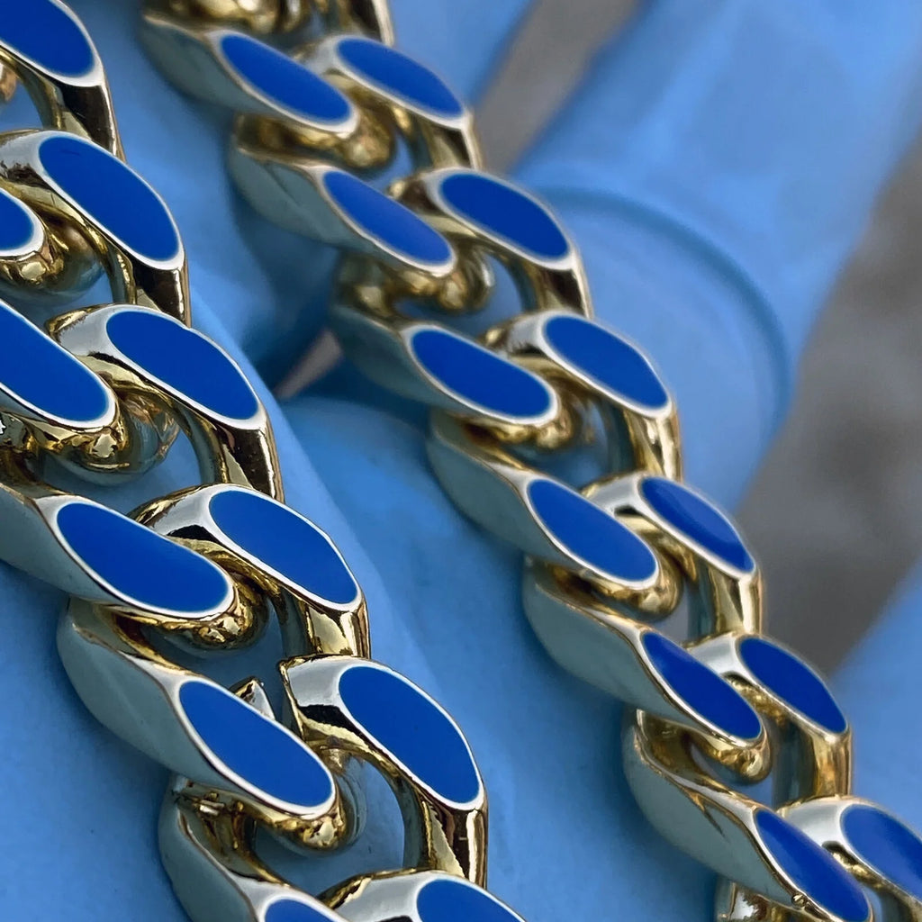 14K Gold Plated Miami Cuban Necklace Blue Enamel Chain 20" x 10.5 MM T1966