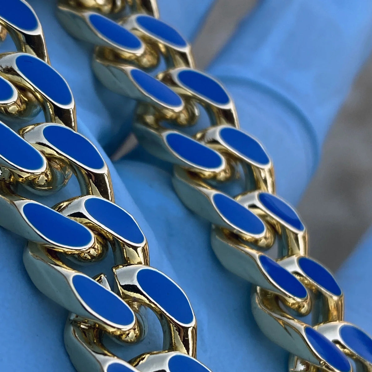 14K Gold Plated Miami Cuban Necklace Blue Enamel Chain 20" x 10.5 MM T1966