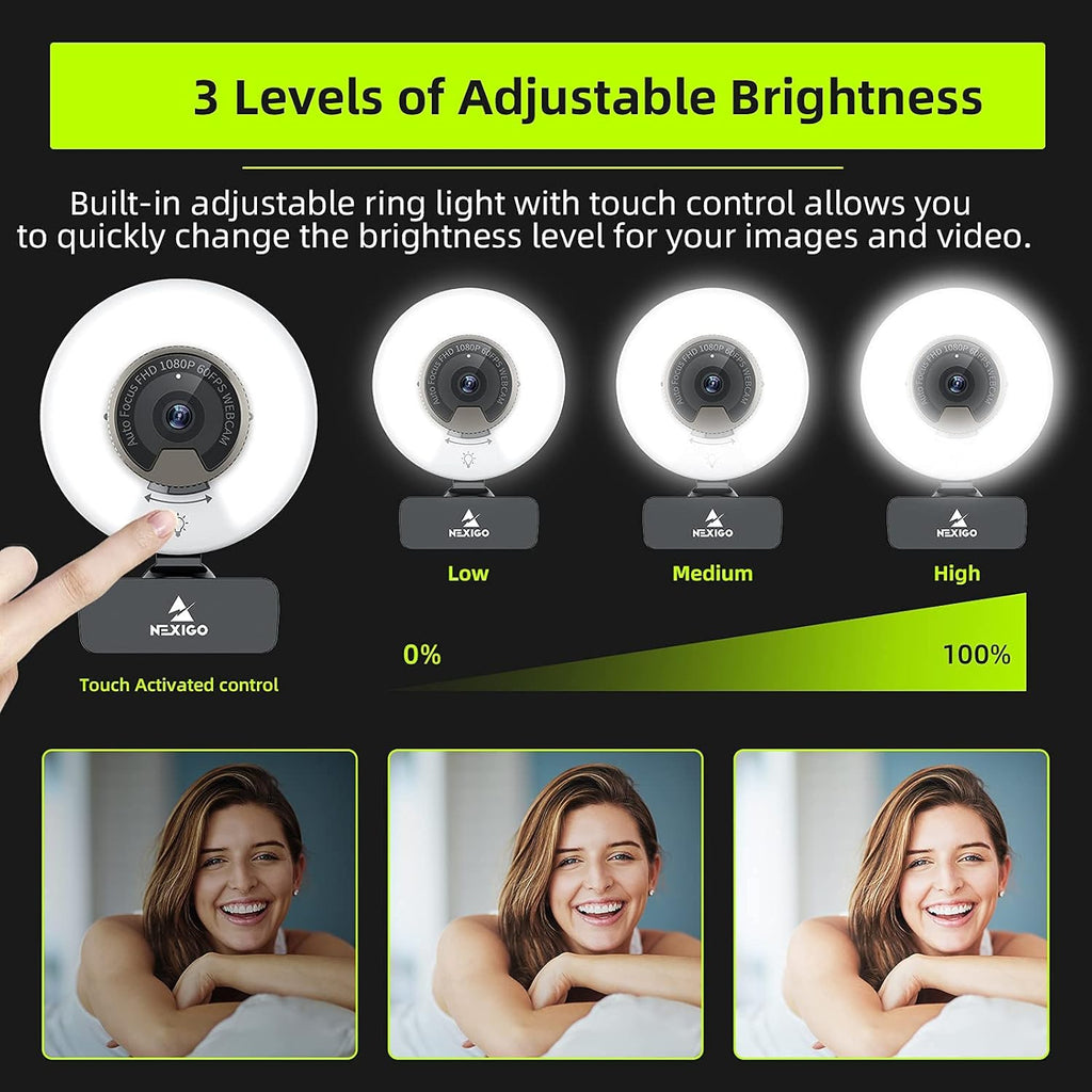 1080P 60FPS Webcam with Light, Fast AutoFocus, Built-in Privacy Cover, Dual Stereo Microphone B396247