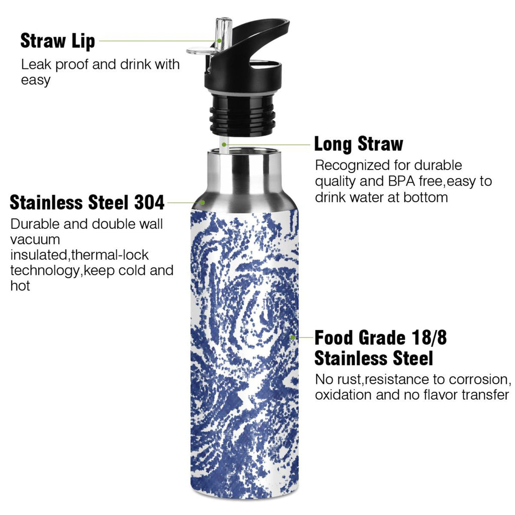 Geometric Tie Dye Blue 20 OZ Vacuum Insulated Stainless Steel Water Bottle with Straw Lid O948314