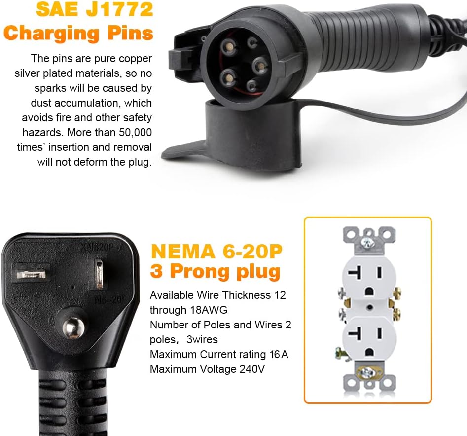 EV Charger Level 1/2 Switchable Current 10/16A NEMA 6-20 Plug with NEMA 5-15P Adapter 110V-240V Electric Car Charger S8766