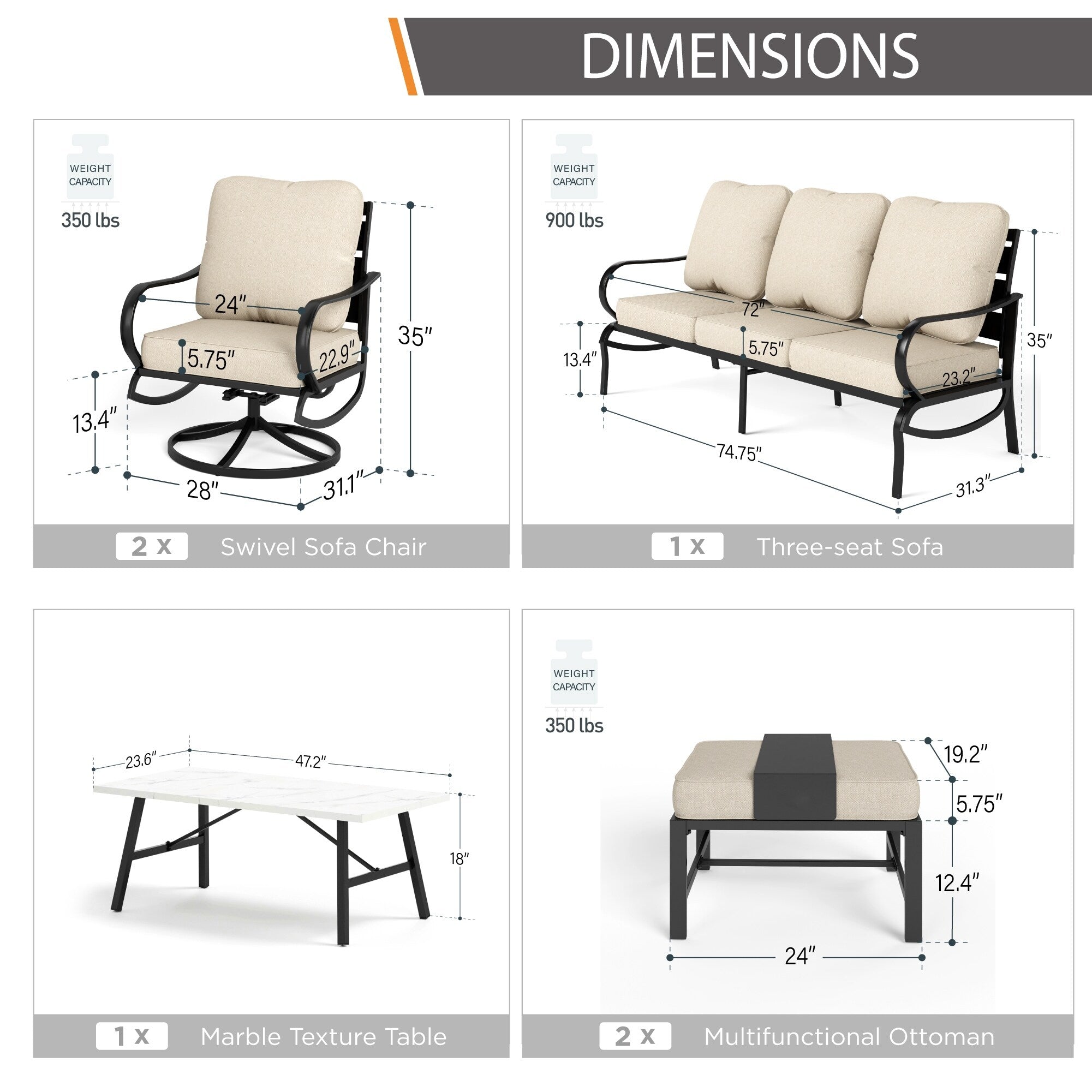 6-Piece Patio Conversation Set with Sofa, Ottoman and Coffee Table P2367