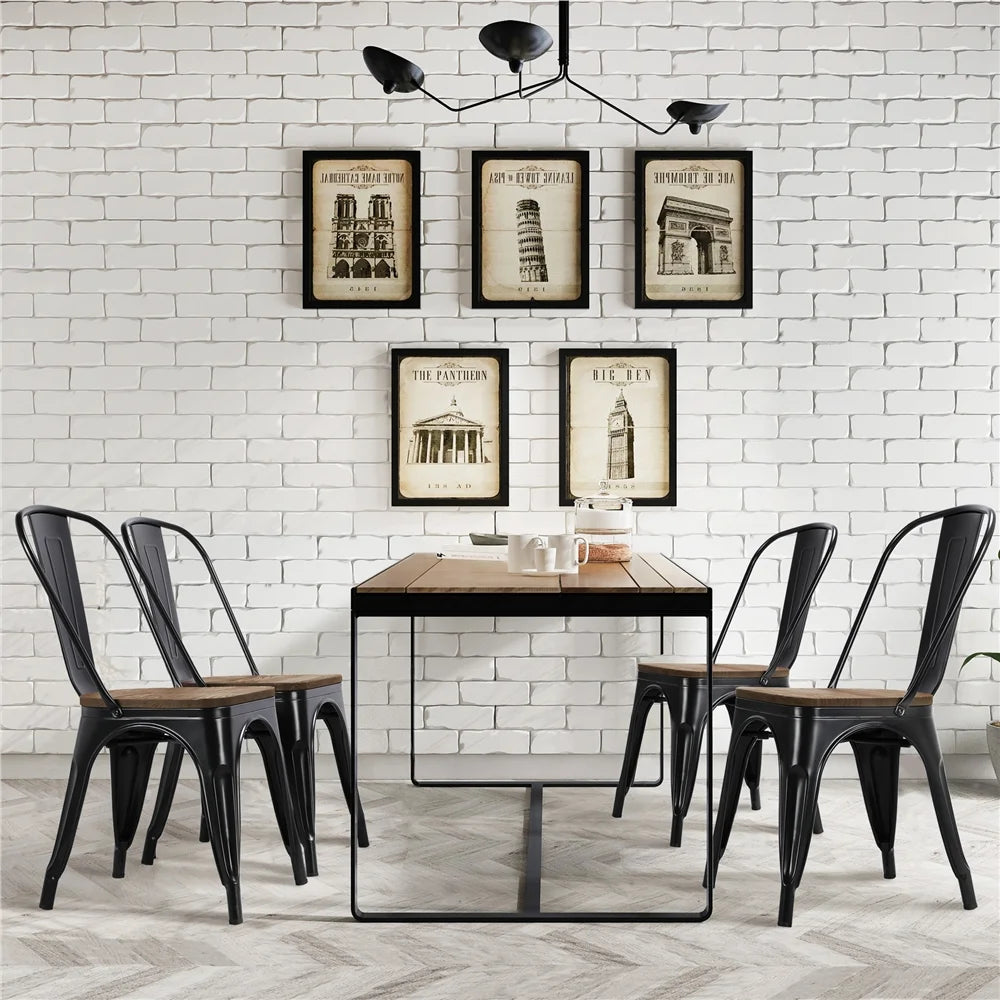 Black Metal Dining Chair with Wood Seat, Set of 4 O592