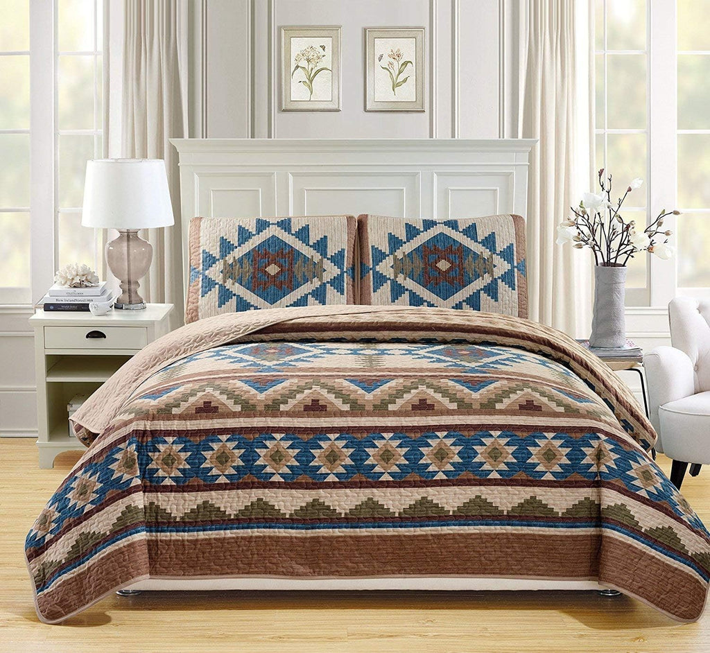 Oversized Bedspread Quilt Set in Beige Taupe Brown Blue Green (Full/Queen) R841