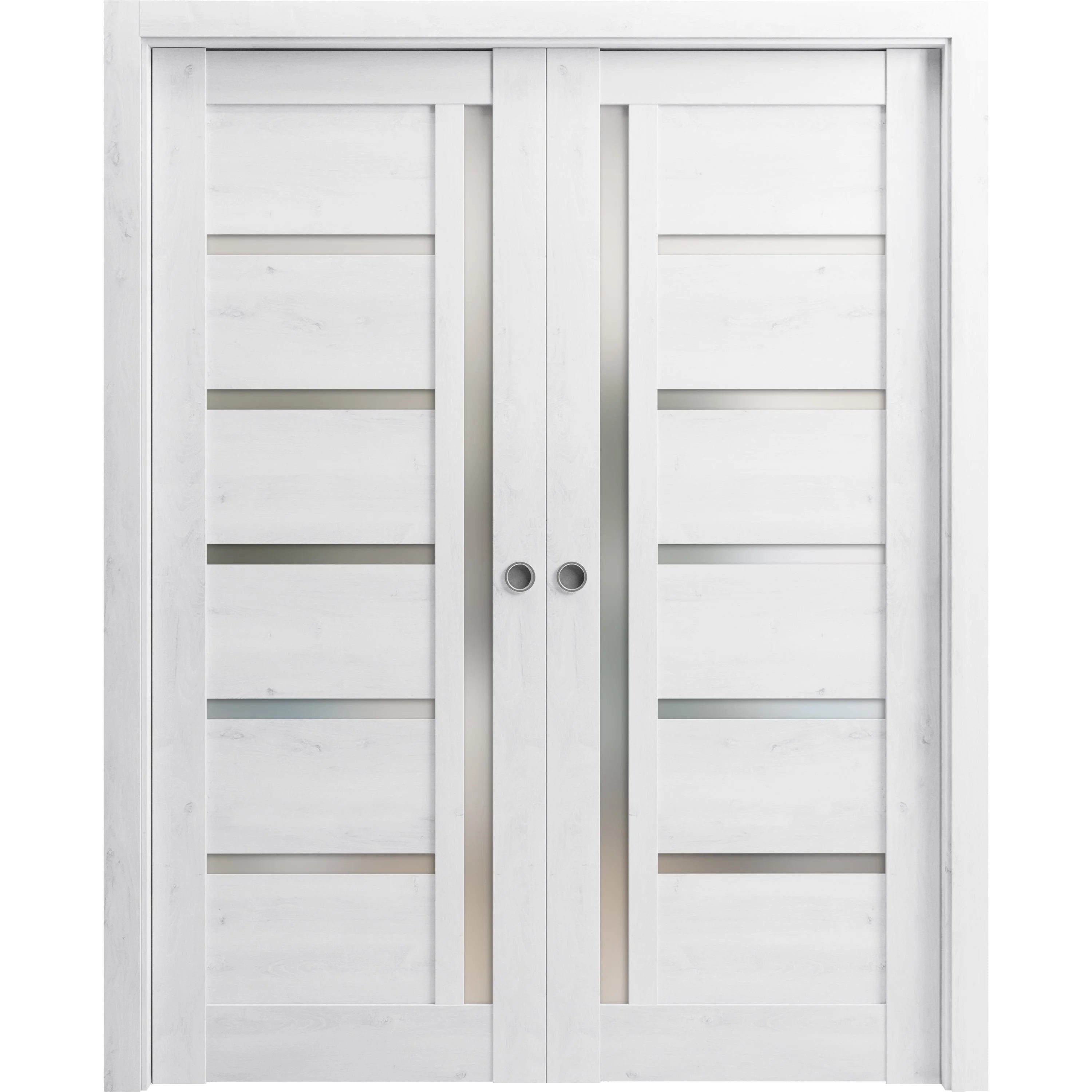 Nordic White Solid Wood Double Pocket Doors with Frosted Glass R5844