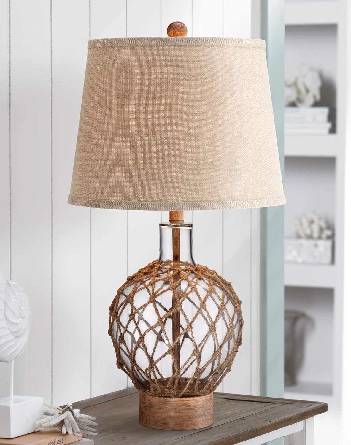 Coastal Nautical Table Lamp Clear Glass Wood Rope Burlap Drum Shade R853944
