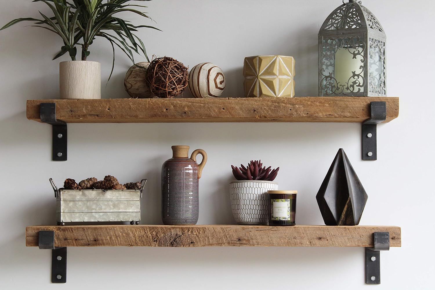 Reclaimed Barnwood Accent Shelves - Set of Two - Metal Bracketed Wall Mount - Natural 48x 7x 2 W9428