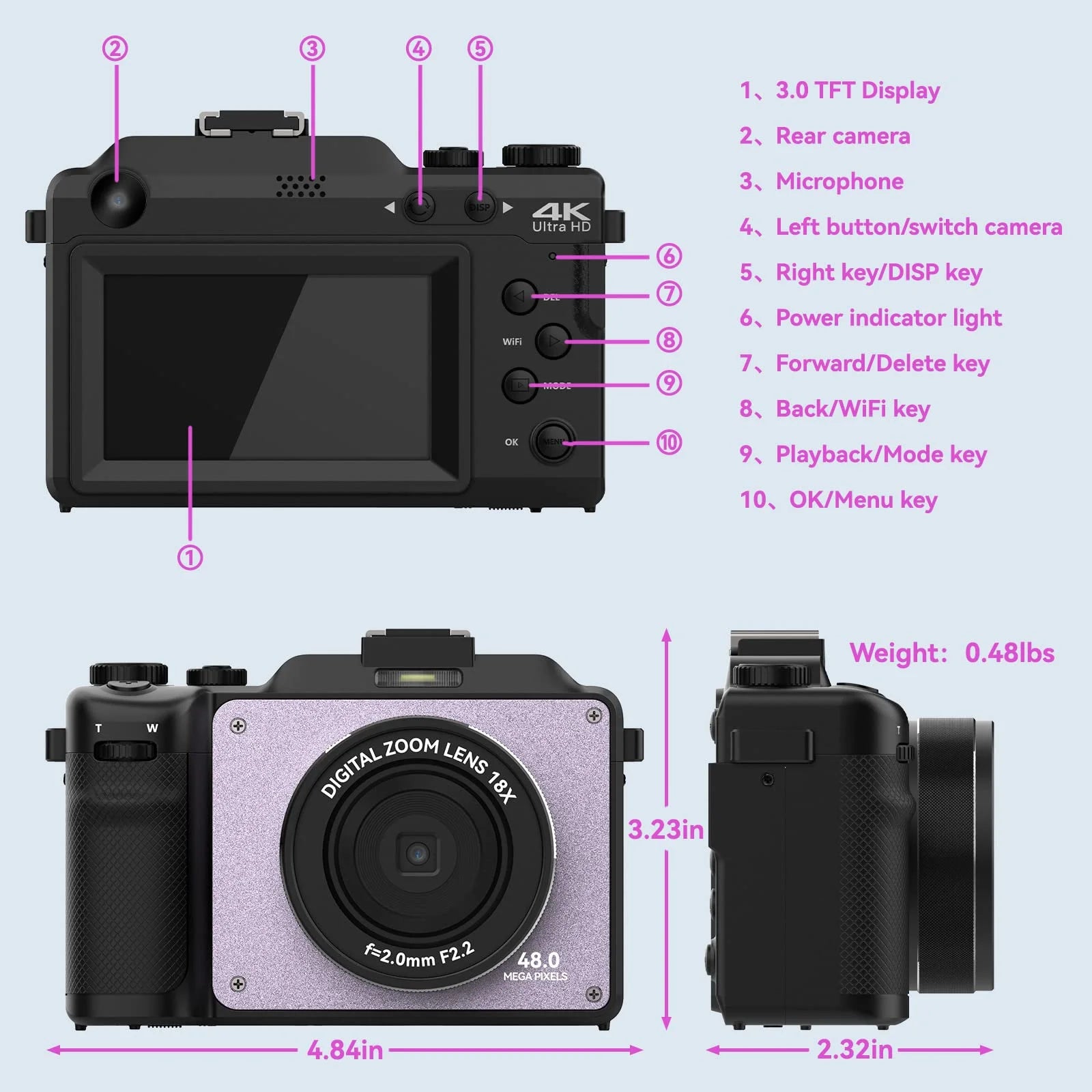 48MP 4K Digital Camera with Dual Cameras and 32GB Micro Card D5476